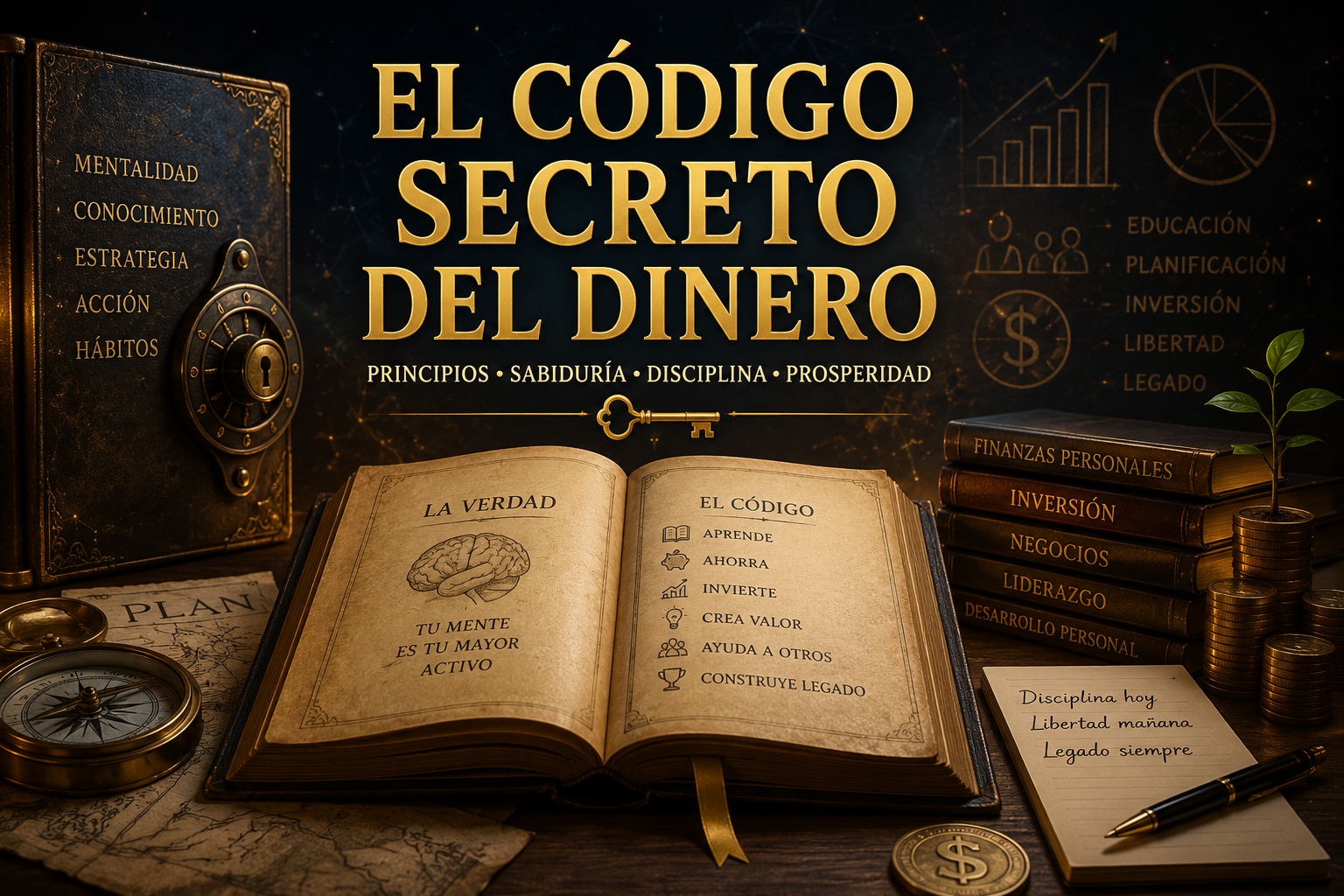 Persona estudiando principios financieros, historia y prosperidad responsable con libros, luz cálida y símbolos de crecimiento.