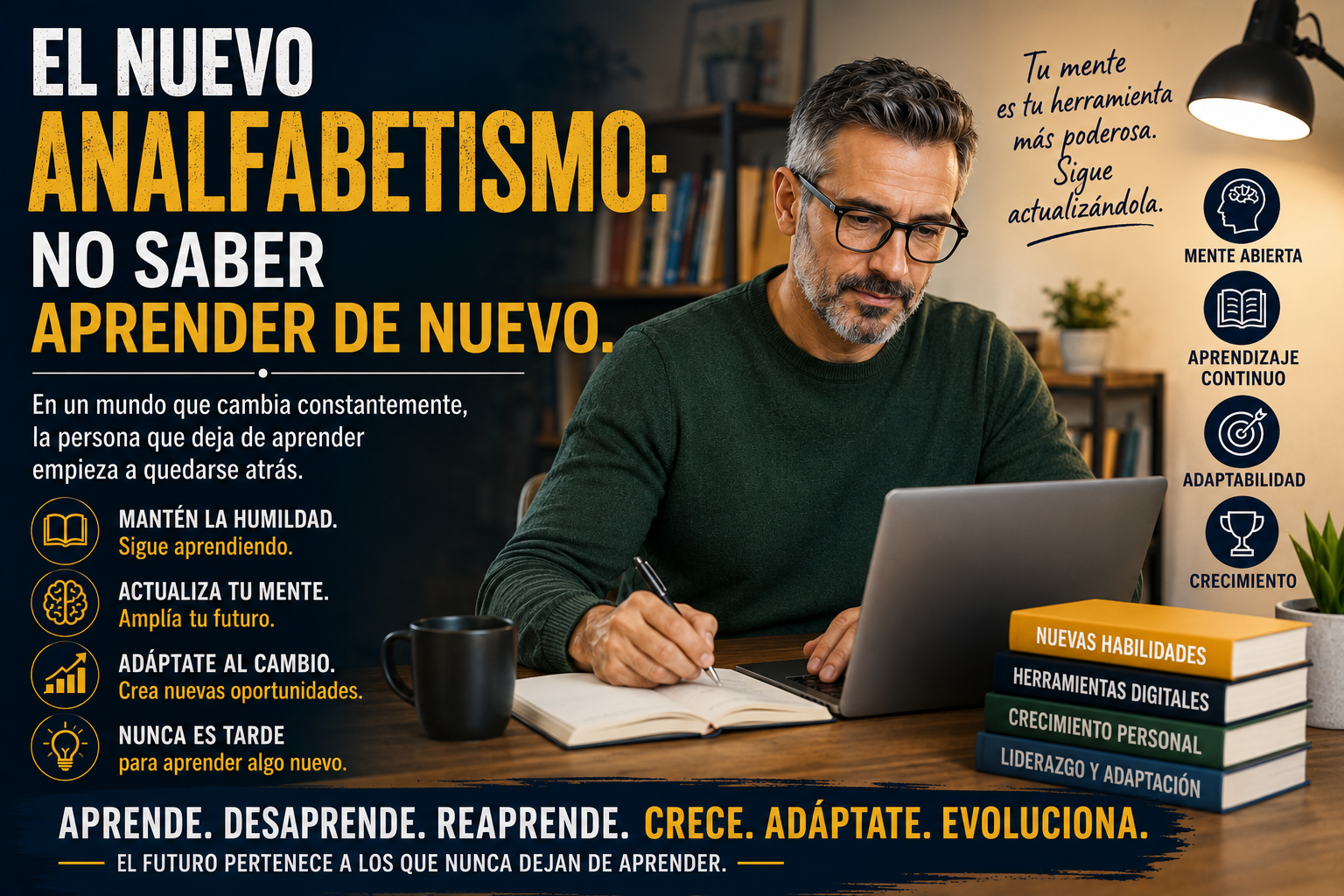 Persona adulta aprendiendo una nueva herramienta digital frente a una computadora, simbolizando adaptación, humildad y crecimiento continuo.