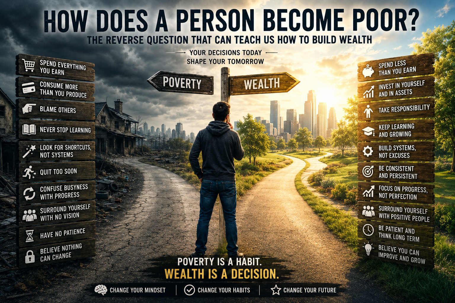 A thoughtful person standing between two paths, one representing poor financial habits and the other representing discipline, learning, and wealth-building.