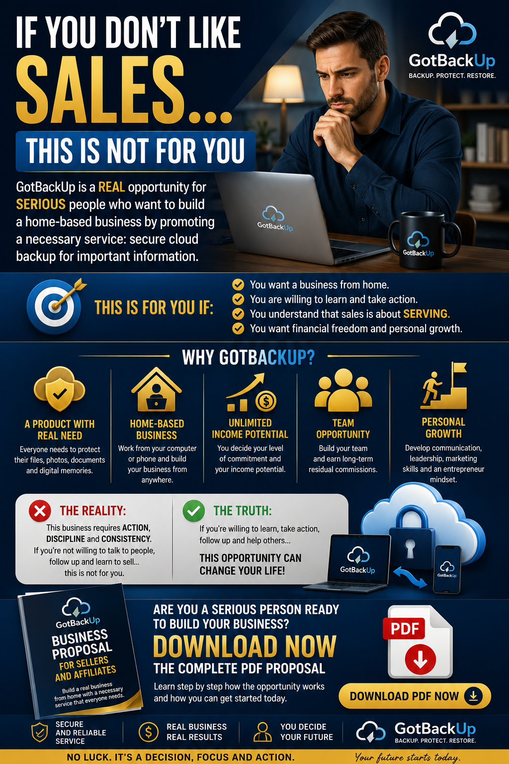 Professional person reviewing a digital business proposal from home focused on sales, affiliates, and secure cloud backup.
