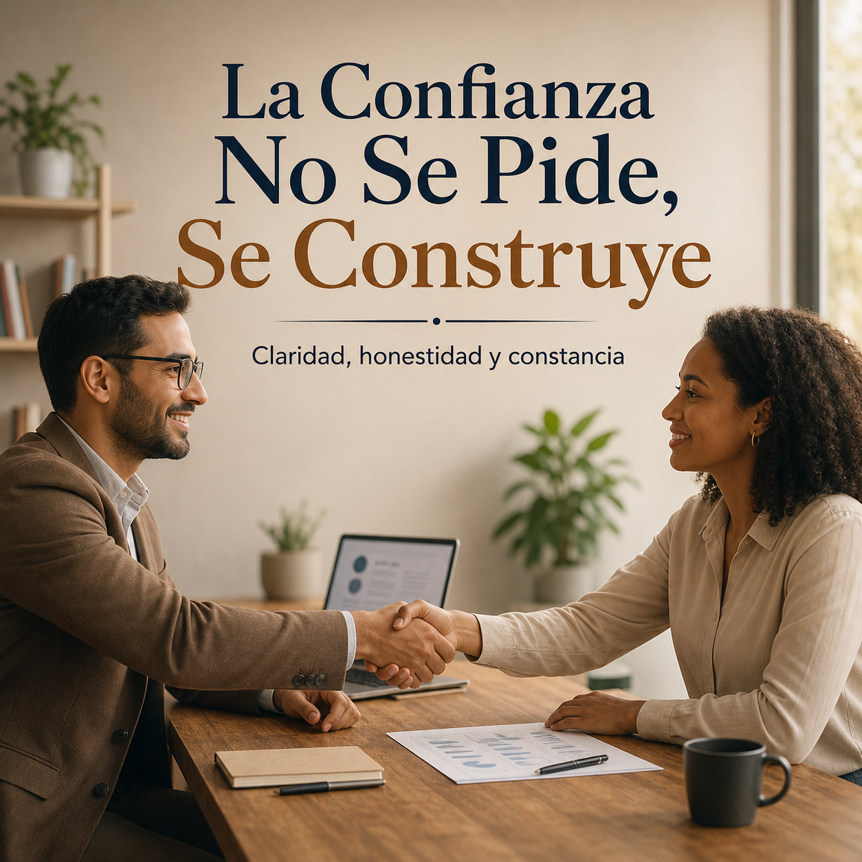Persona estrechando la mano de otra en un ambiente profesional y humano, simbolizando confianza, honestidad, claridad y credibilidad.