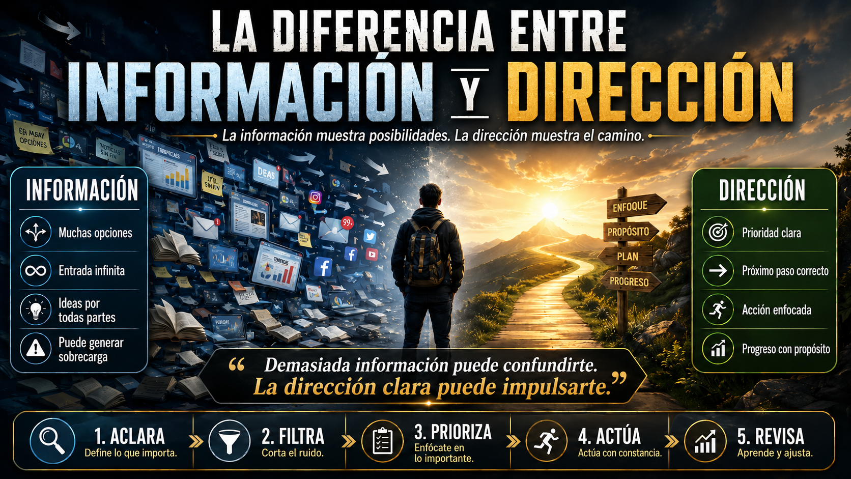 Persona rodeada de libros, pantallas y notas, mirando un camino iluminado que simboliza claridad, enfoque y dirección.