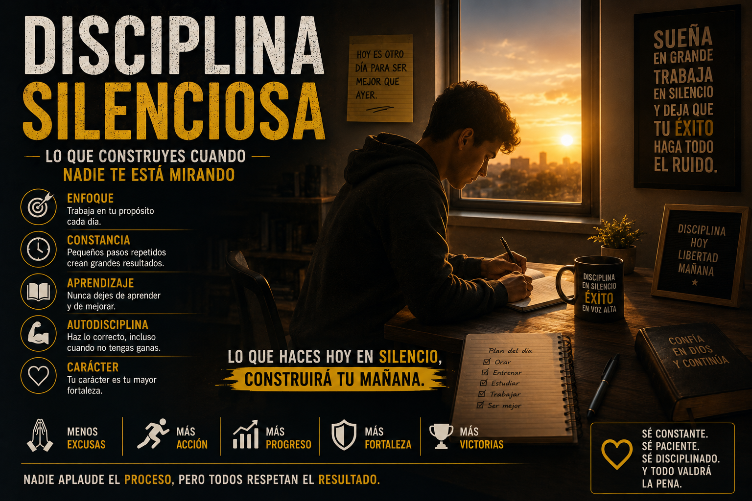 Persona trabajando en silencio temprano en la mañana, simbolizando disciplina, constancia, carácter y propósito.