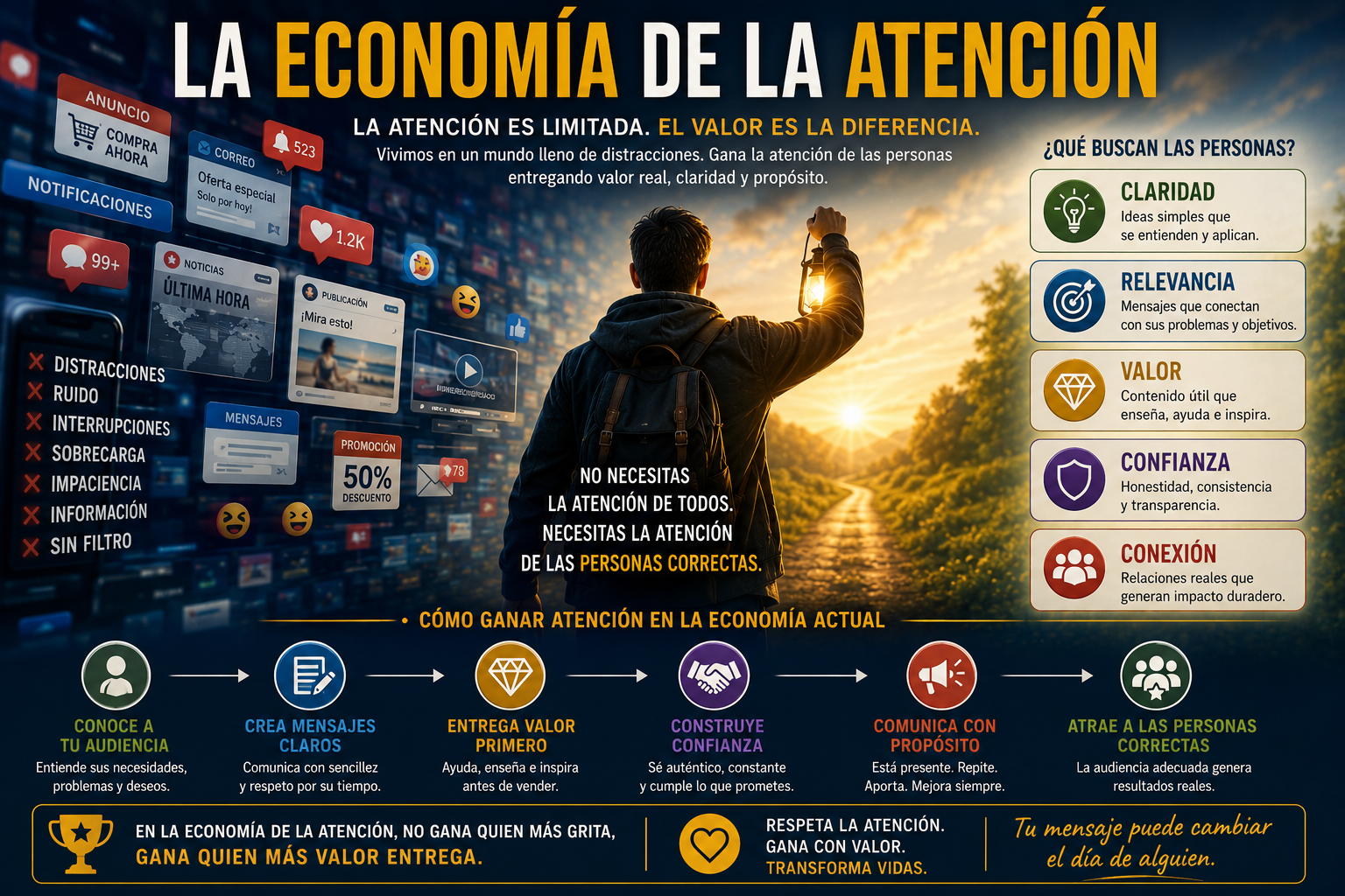 Persona sosteniendo una luz en medio de pantallas, mensajes y notificaciones digitales, simbolizando claridad y valor en un mundo lleno de ruido.