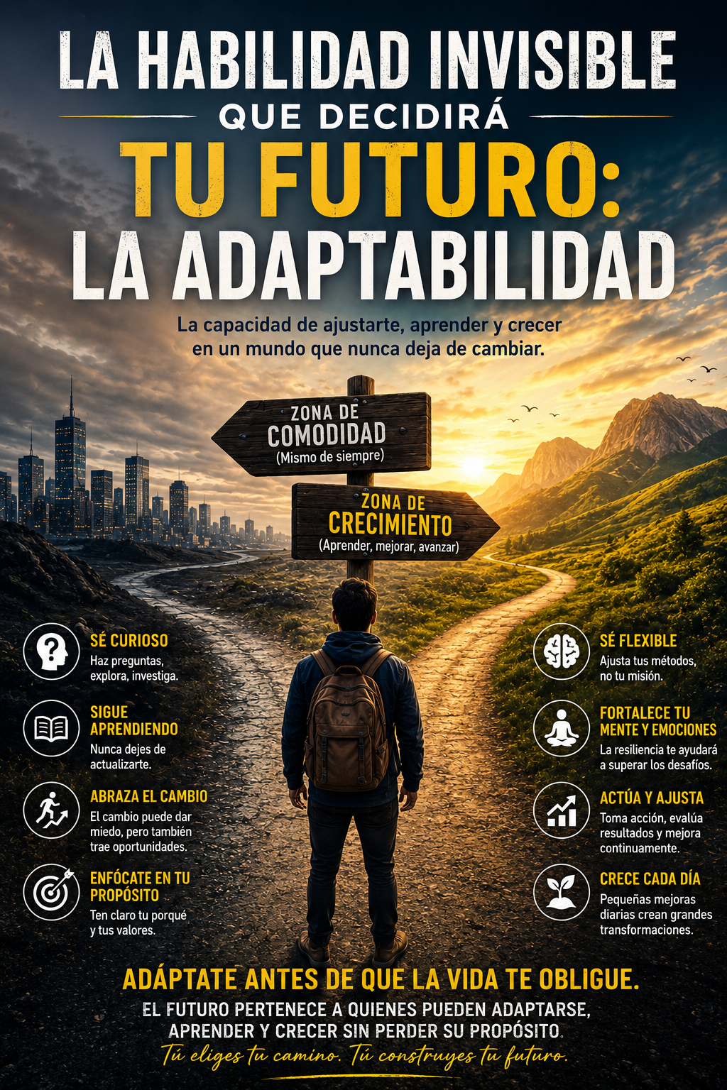 Persona de pie en una encrucijada con un camino iluminado hacia adelante, simbolizando adaptabilidad, crecimiento y éxito futuro.