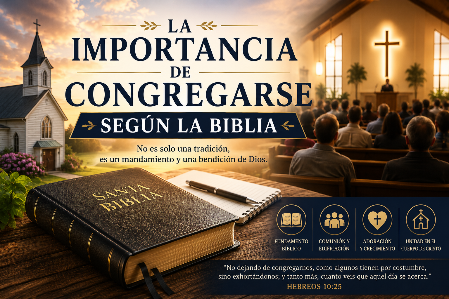 Imagen cristiana con una Biblia abierta, una iglesia y una congregación reunida, representando la importancia de congregarse, adorar a Dios y permanecer unidos al cuerpo de Cristo según Hebreos 10:25.