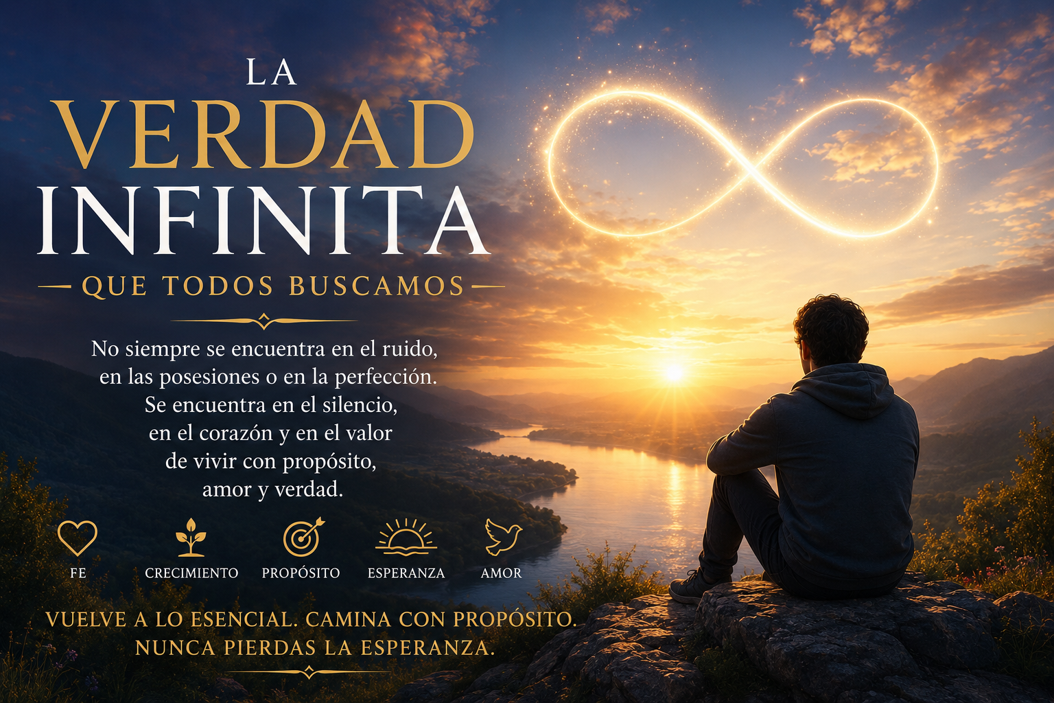 Imagen simbólica de una persona contemplando una luz infinita en el horizonte, representando la búsqueda de la verdad, la paz interior, el propósito y la claridad espiritual.
