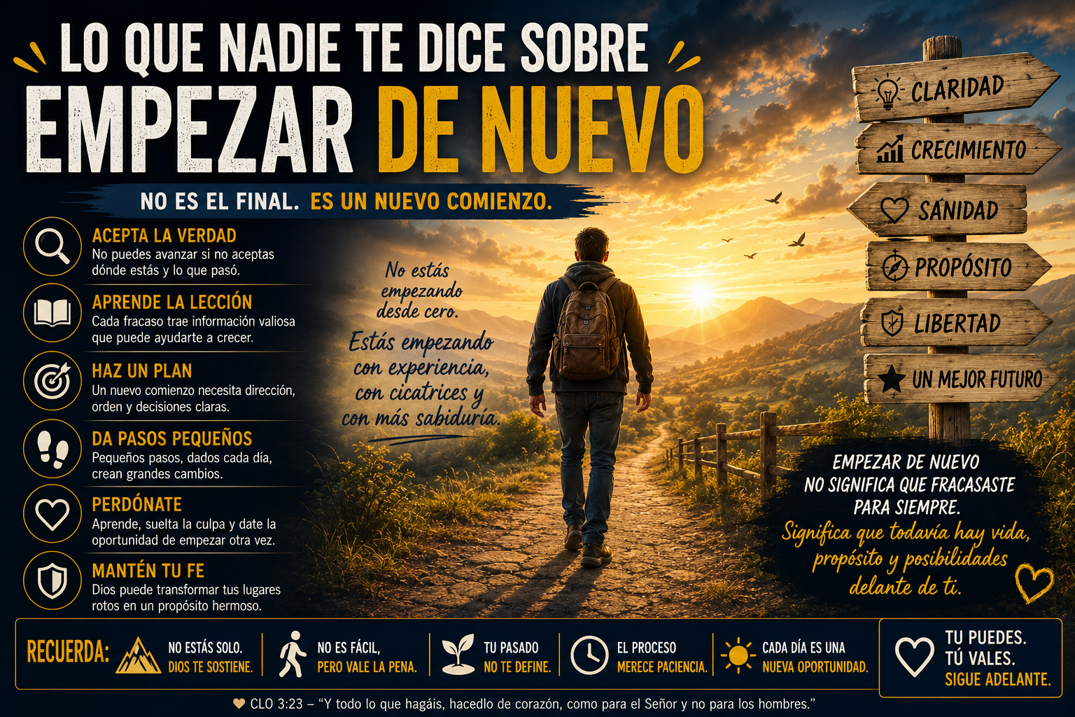 Persona caminando sobre un puente al amanecer, simbolizando nuevos comienzos, valentía, fe y reconstrucción personal.