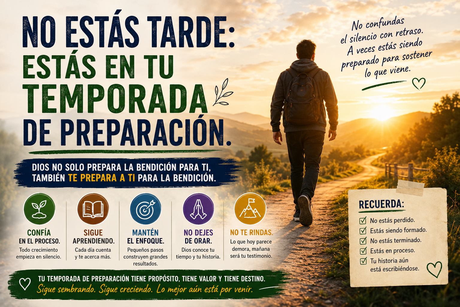 Persona caminando al amanecer por un sendero tranquilo, simbolizando preparación, esperanza, propósito y nuevos comienzos.