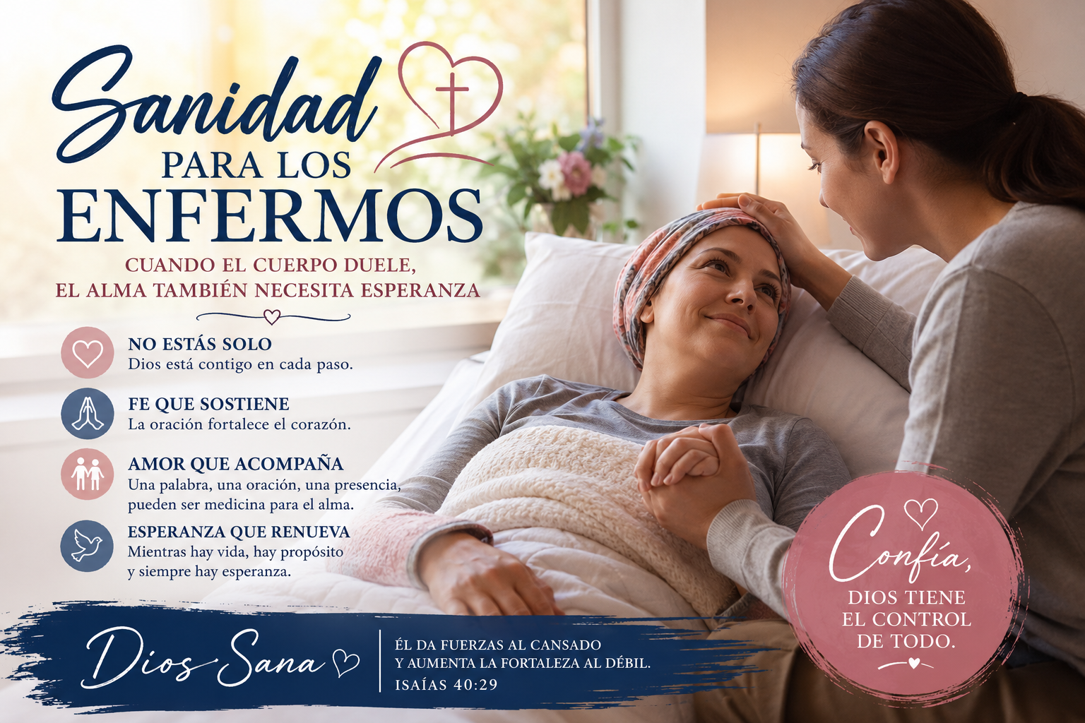 Persona enferma recibiendo consuelo y oración, rodeada de luz suave, esperanza, fe y apoyo familiar en un ambiente de paz.