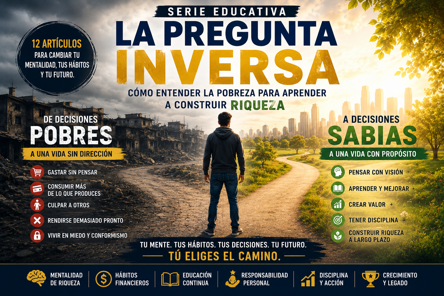 Portada de una serie educativa que muestra a una persona frente a dos caminos: uno oscuro representando decisiones pobres y otro iluminado representando decisiones sabias, disciplina, aprendizaje y construcción de riqueza.