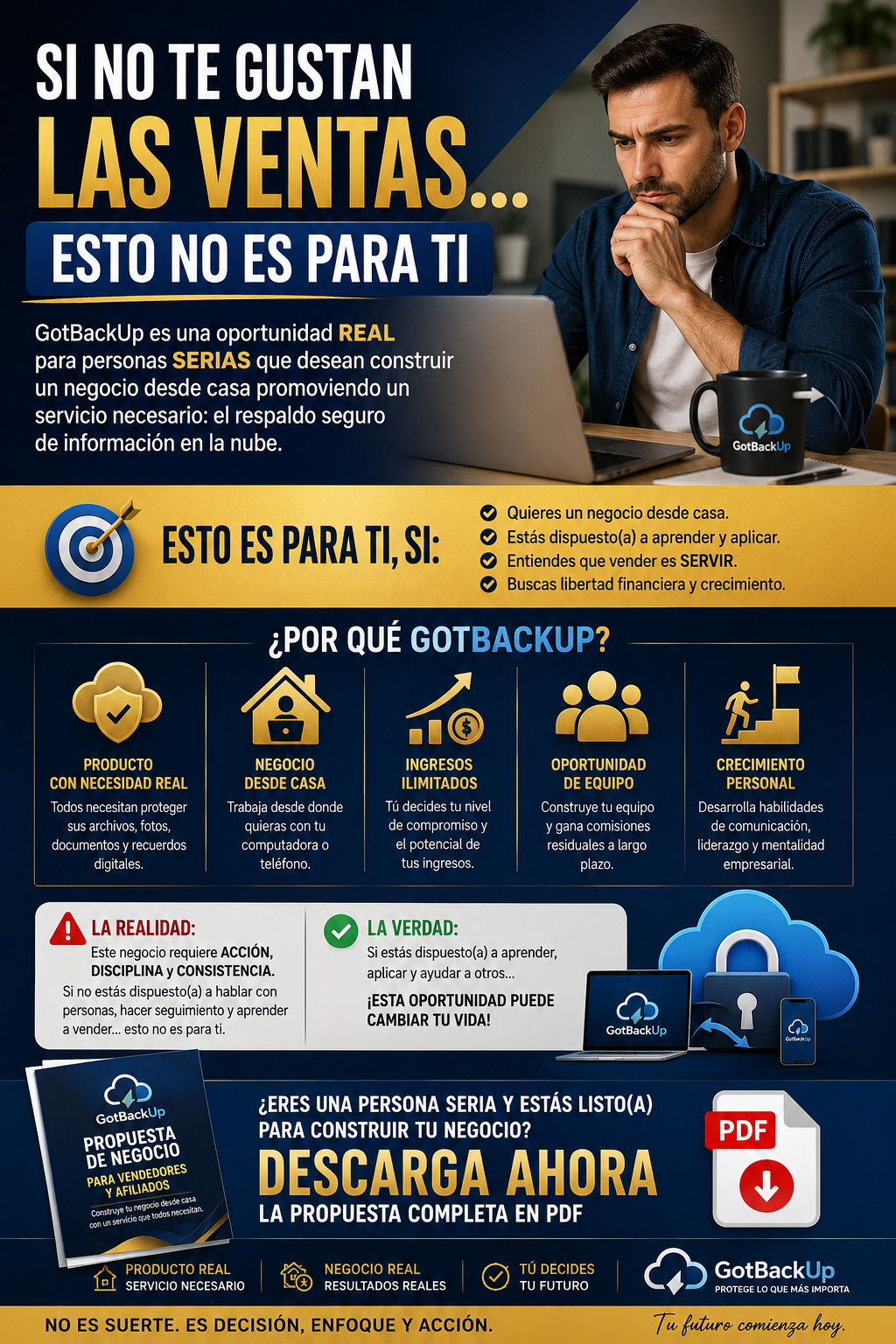 Persona profesional revisando una propuesta de negocio digital desde casa con enfoque en ventas, afiliados y respaldo seguro en la nube.