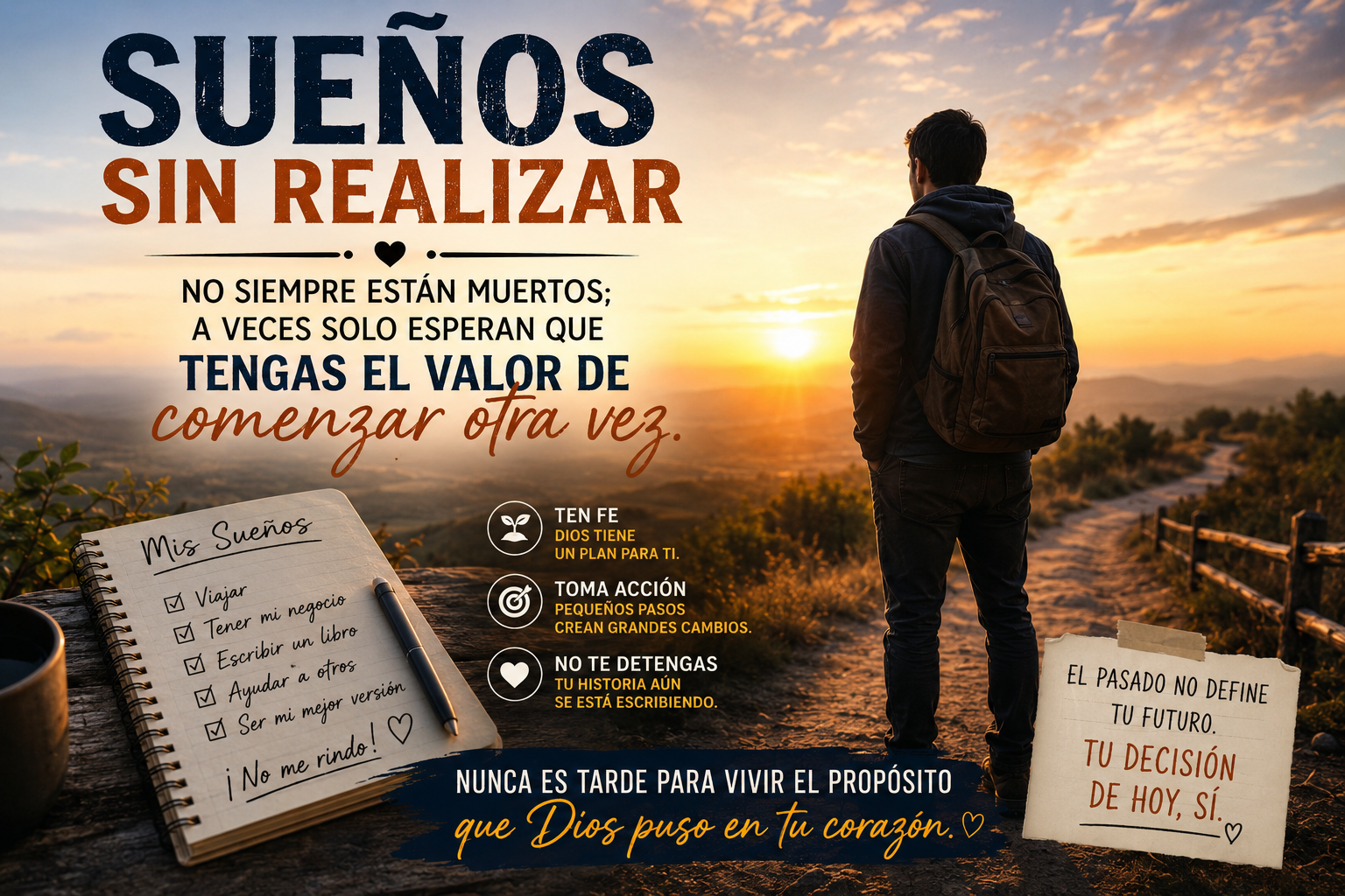 Persona mirando hacia un horizonte iluminado mientras sostiene una libreta con sueños escritos, simbolizando esperanza, propósito y nuevos comienzos.