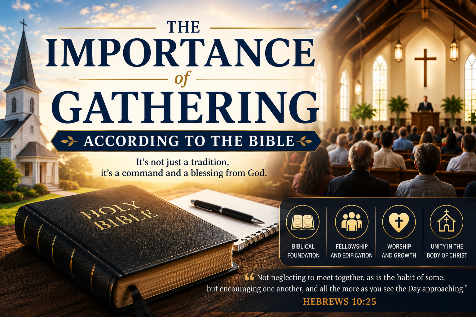 Christian image featuring an open Bible, a church, and a gathered congregation, representing the importance of gathering, worshiping God, and staying united as the body of Christ according to Hebrews 10:25.