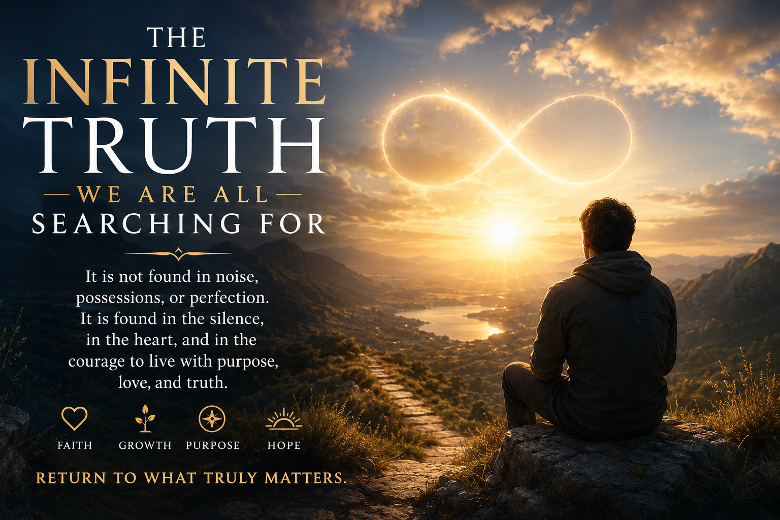 Symbolic image of a person contemplating an infinite light on the horizon, representing the search for truth, inner peace, purpose, and spiritual clarity.