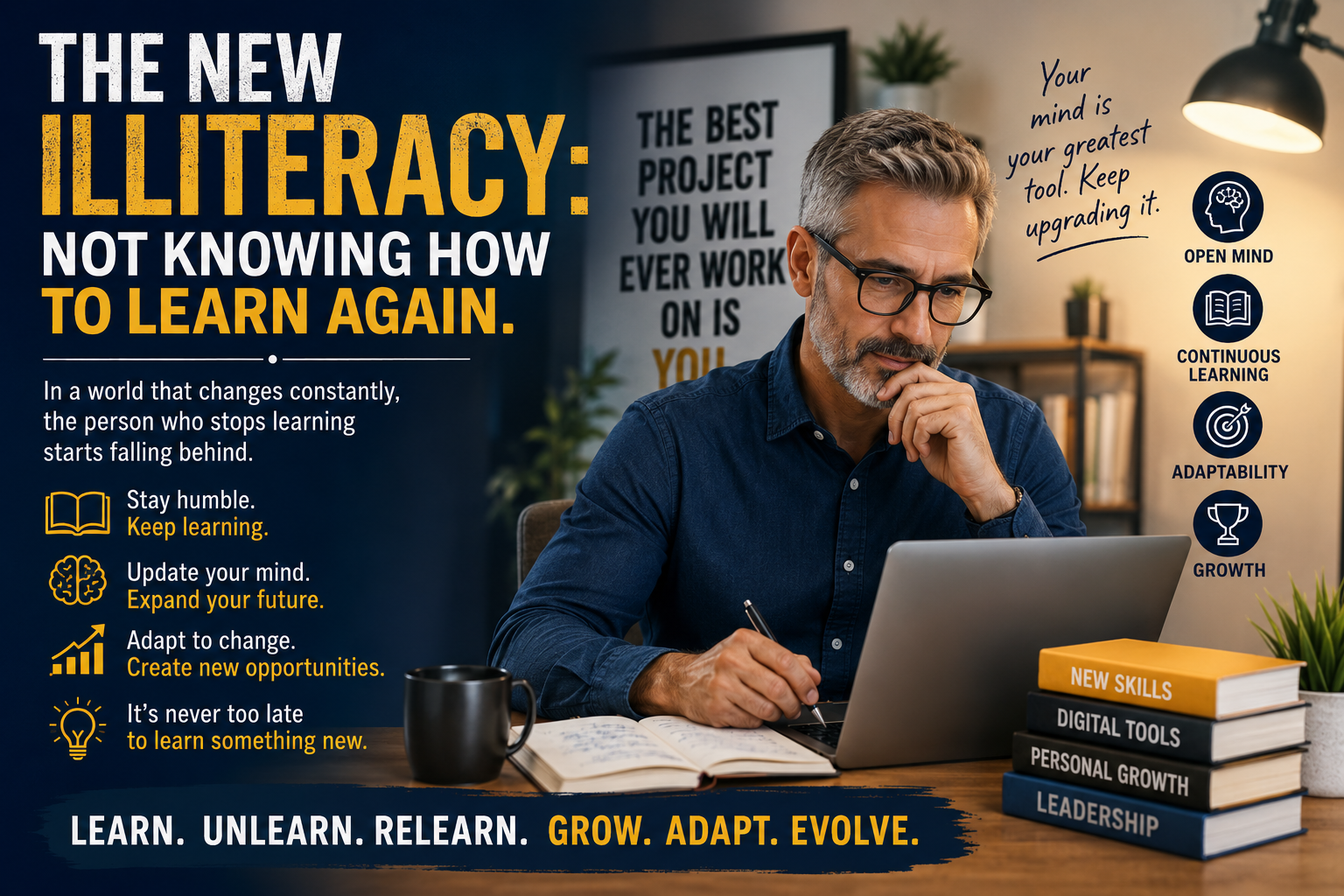 An adult learning a new digital tool on a computer, symbolizing adaptation, humility, and continuous growth.