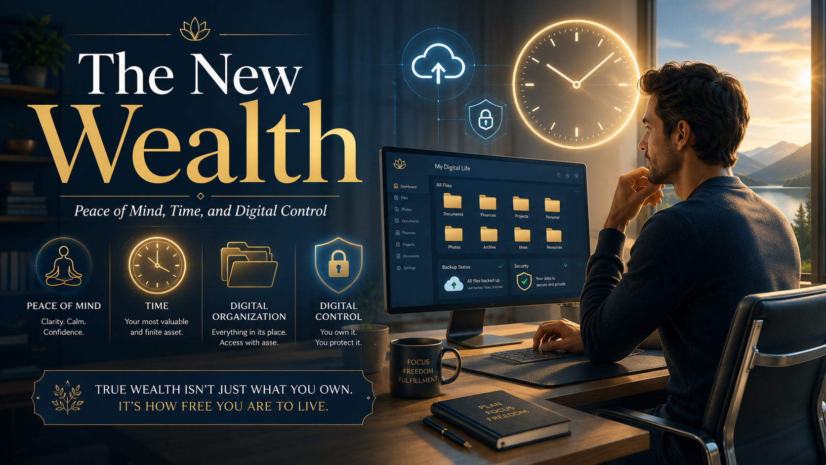 A calm person organizing their digital life at a computer, with symbols of time, peace of mind, and security.