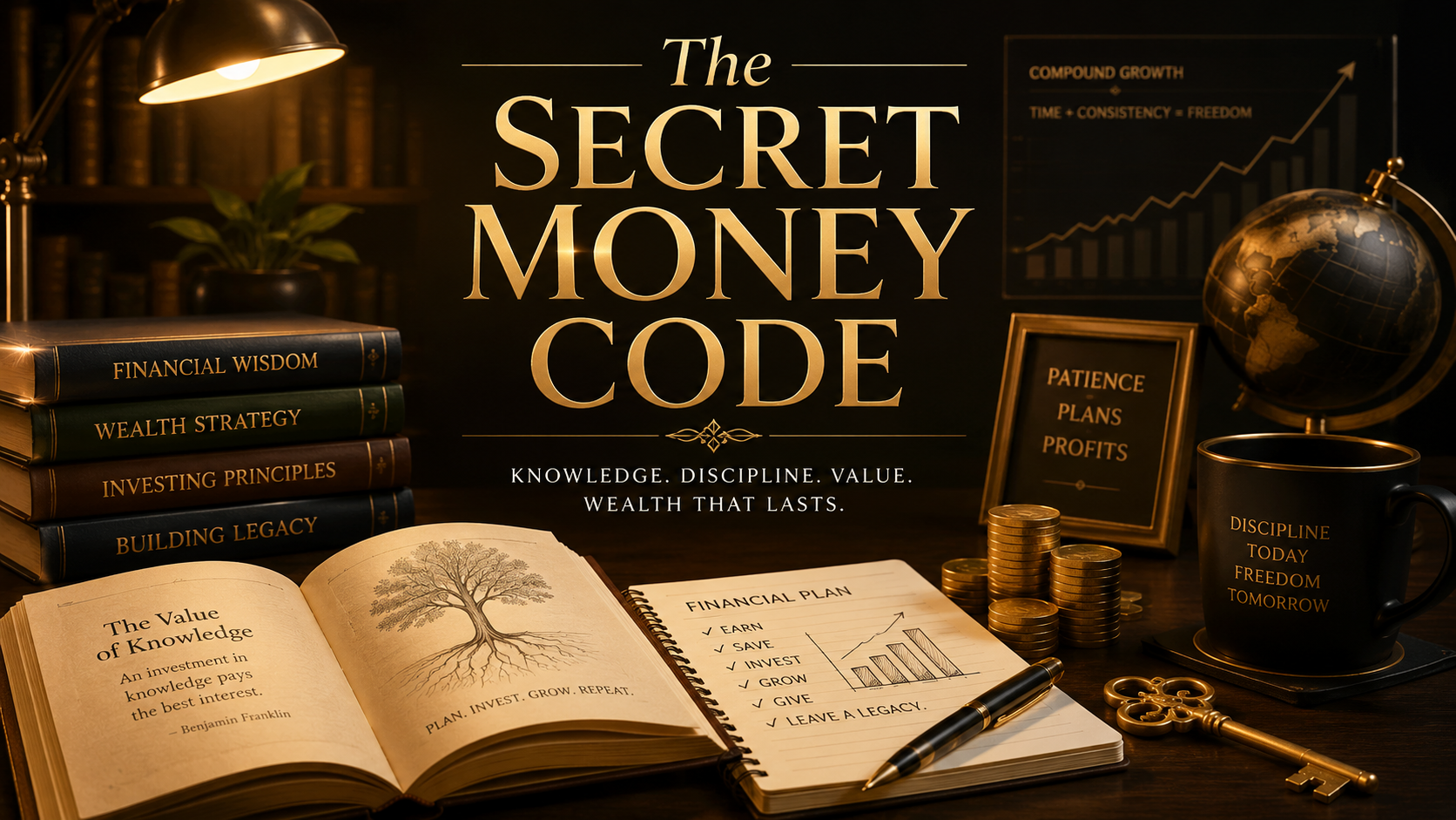 A person studying financial principles, history, and responsible prosperity with books, warm light, and symbols of growth.