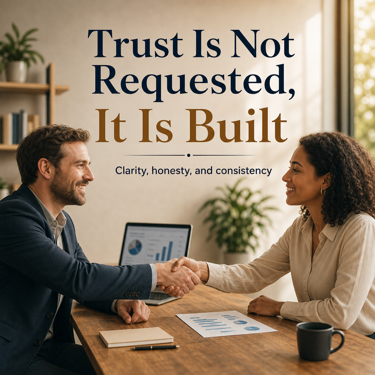 Two people shaking hands in a professional and human setting, symbolizing trust, honesty, clarity, and credibility