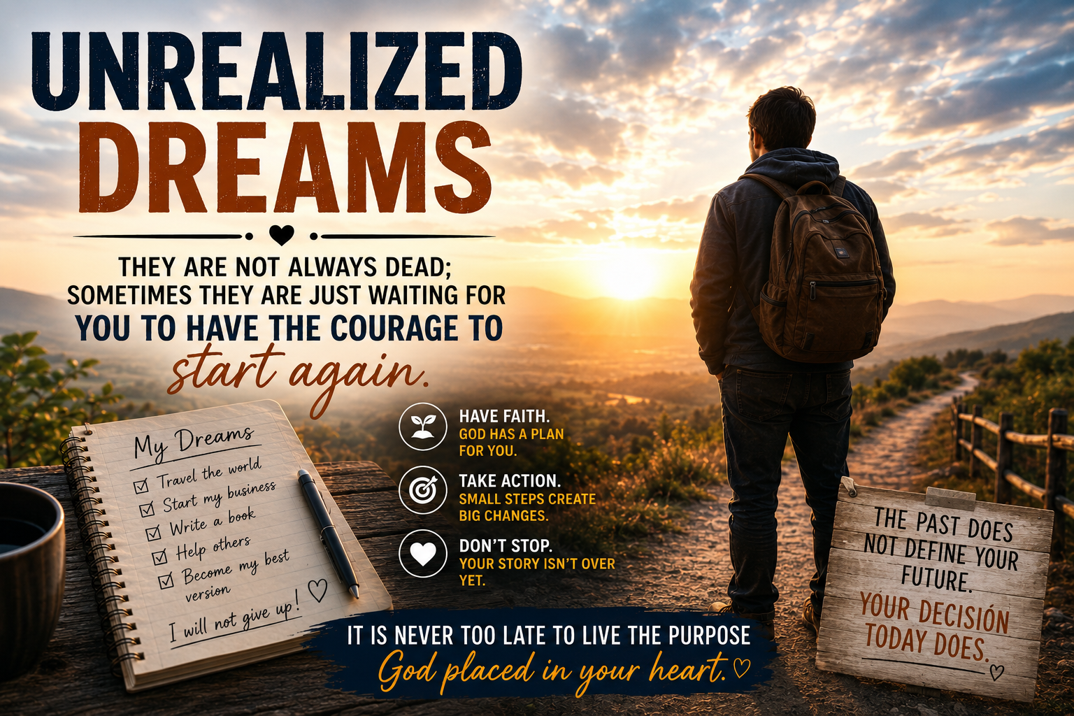 Person looking toward a bright horizon while holding a notebook filled with written dreams, symbolizing hope, purpose, and new beginnings.