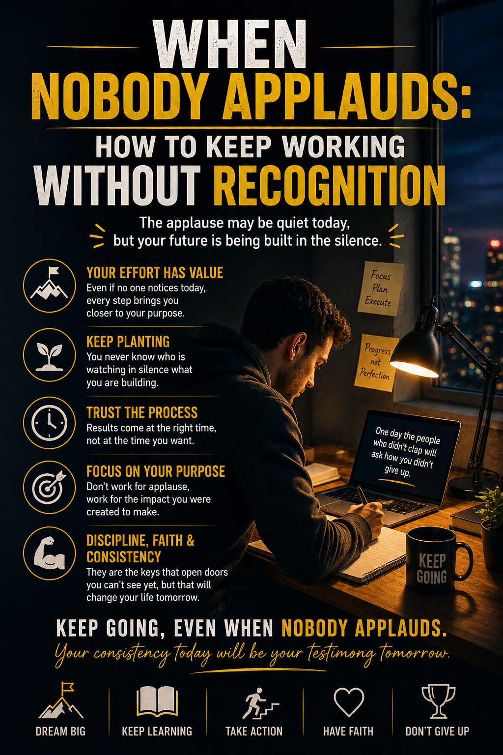 A person working quietly at night with a light on, symbolizing consistency, faith, and discipline without visible recognition.