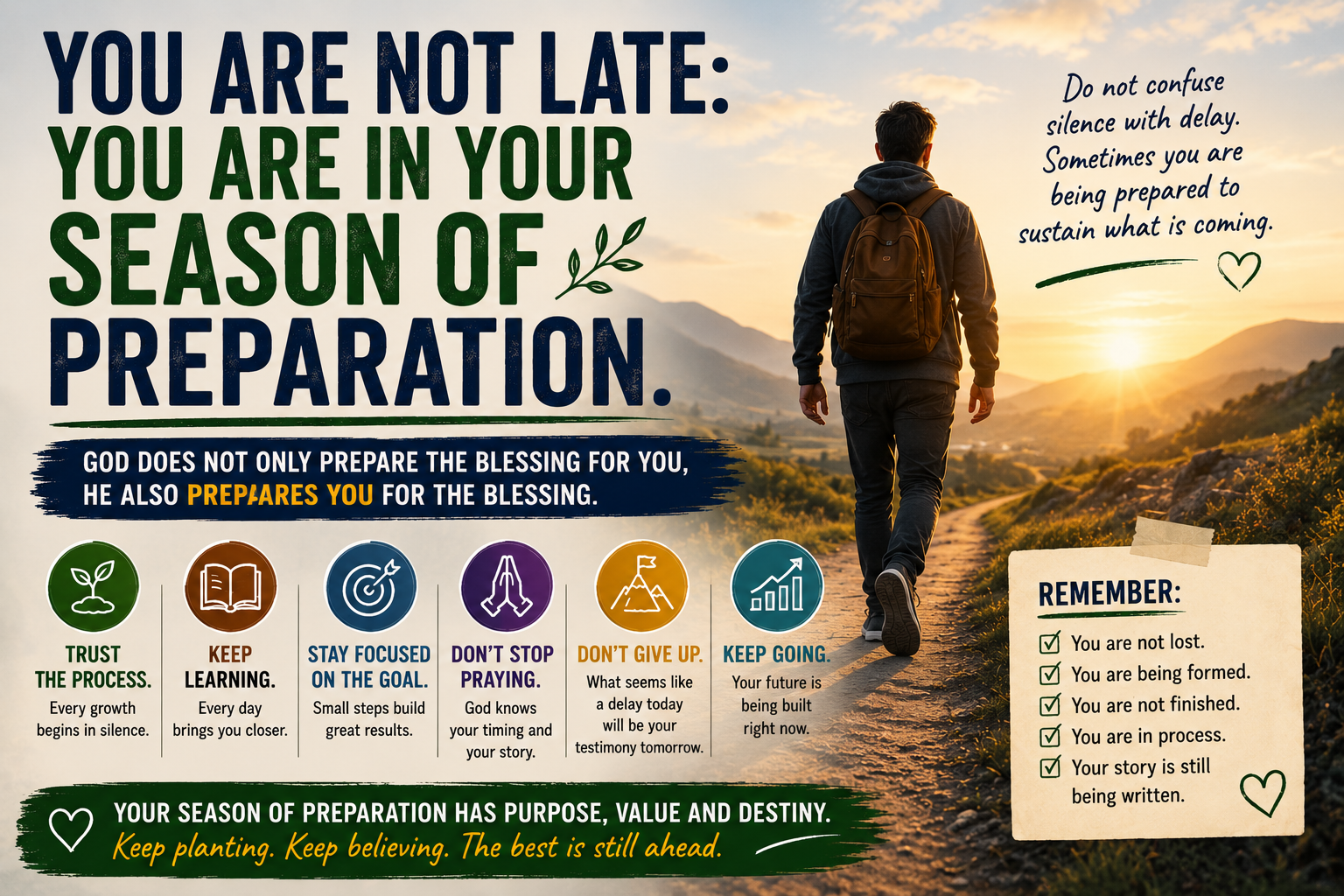 A person walking at sunrise on a peaceful path, symbolizing preparation, hope, purpose, and new beginnings.