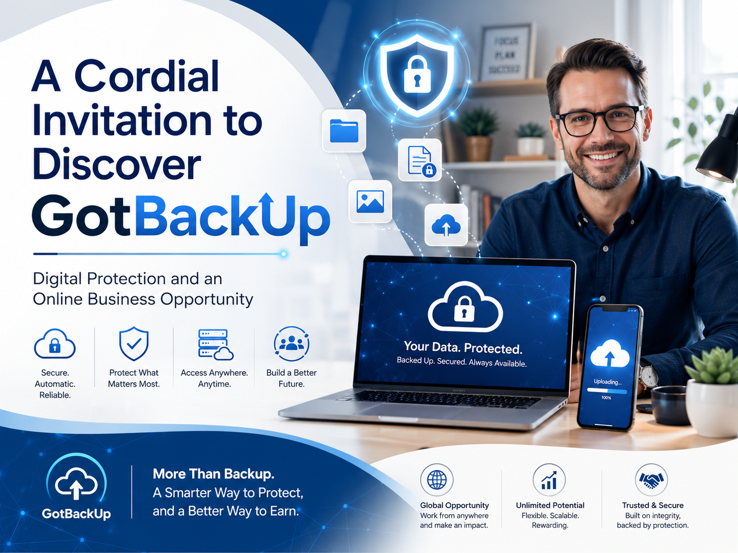 Person discovering GotBackUp’s digital backup service and online business opportunity while working from home.
