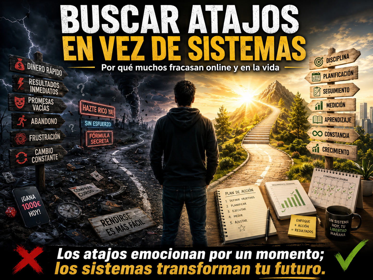 Persona frente a dos caminos: uno oscuro con señales de dinero rápido, promesas falsas y abandono, y otro iluminado con sistemas, disciplina, planificación, medición y crecimiento constante.