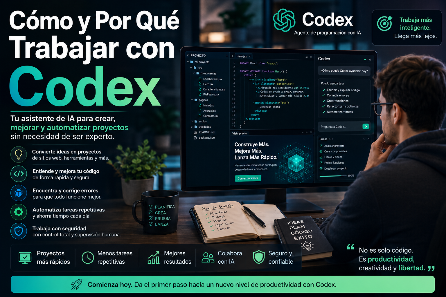 Profesional de negocios utilizando la inteligencia artificial Codex para crear, revisar y mejorar un proyecto digital en una computadora.