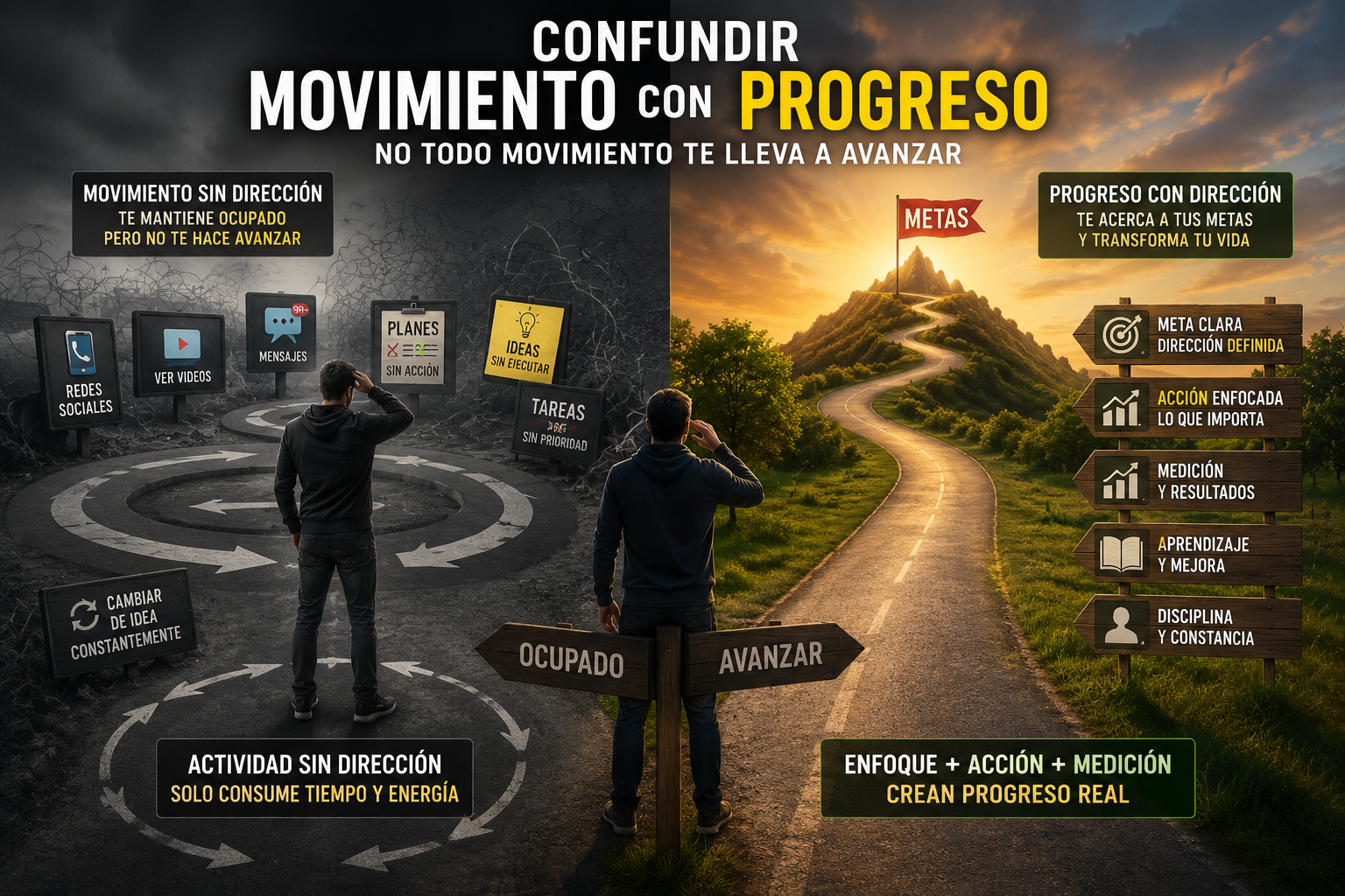 Persona caminando en círculos en un camino oscuro lleno de tareas y distracciones, mientras otro camino iluminado muestra enfoque, metas claras, medición, disciplina y progreso real.