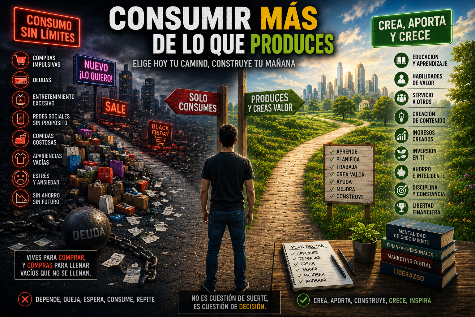 Persona frente a dos caminos: uno lleno de compras impulsivas, deudas y distracciones, y otro iluminado por habilidades, creación de valor, servicio, disciplina y oportunidades.