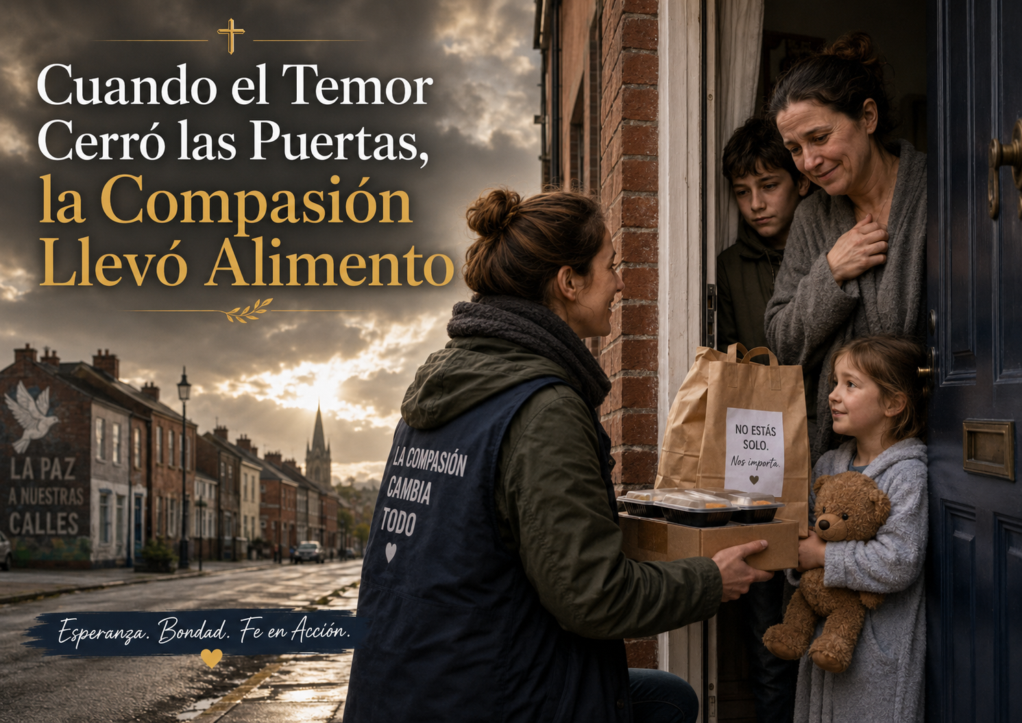 Voluntaria entregando alimentos preparados a una familia atemorizada durante una crisis comunitaria en Belfast, como representación de la compasión, el valor, la esperanza y el servicio cristiano.