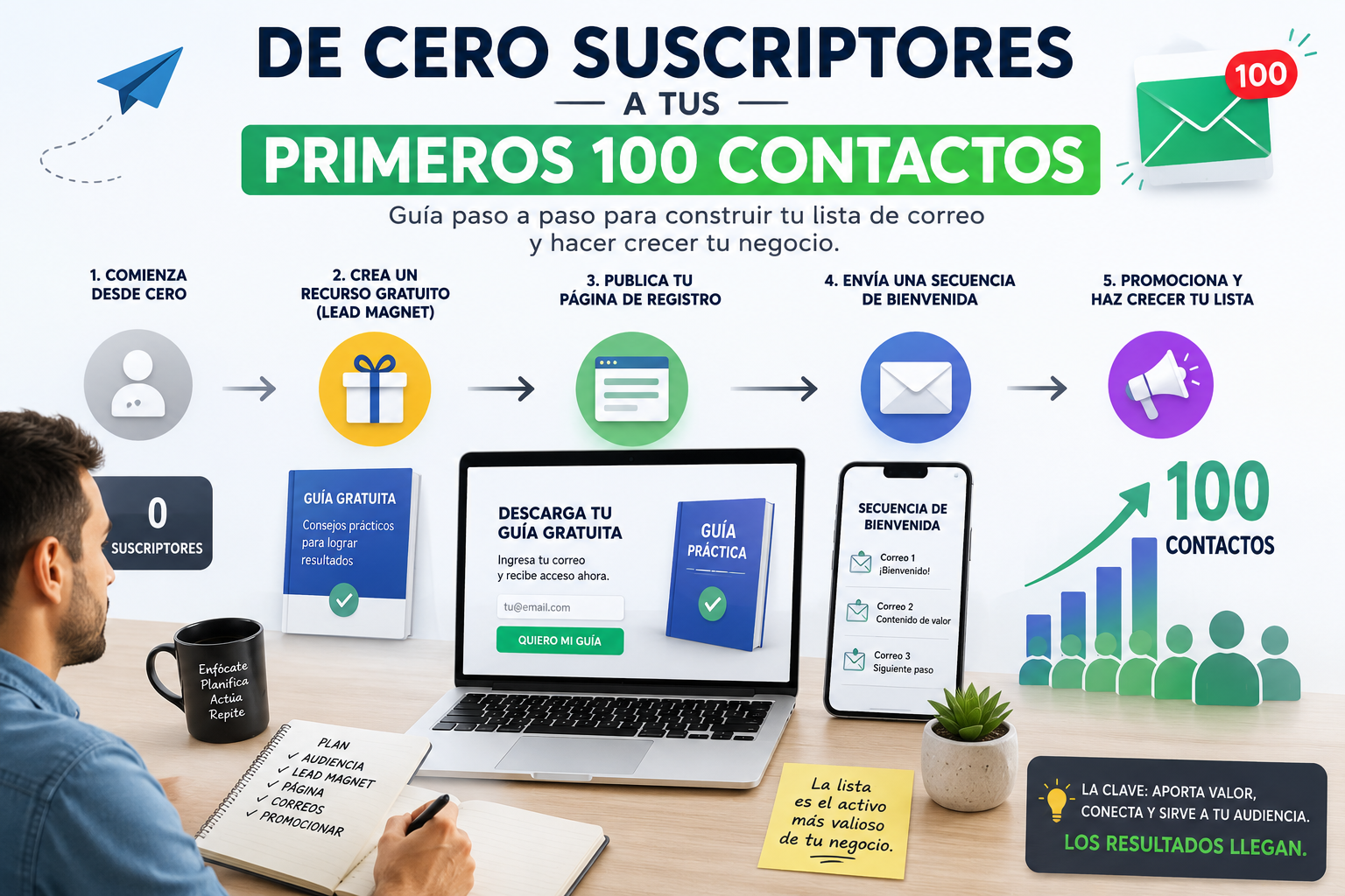 Principiante siguiendo una guía paso a paso para construir una lista de correo electrónico y conseguir sus primeros 100 suscriptores.