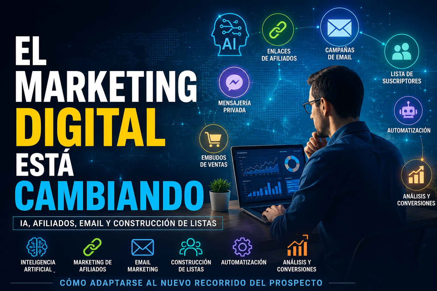 Profesional analizando una estrategia de marketing digital con inteligencia artificial, correo electrónico, afiliados, automatización y construcción de listas.