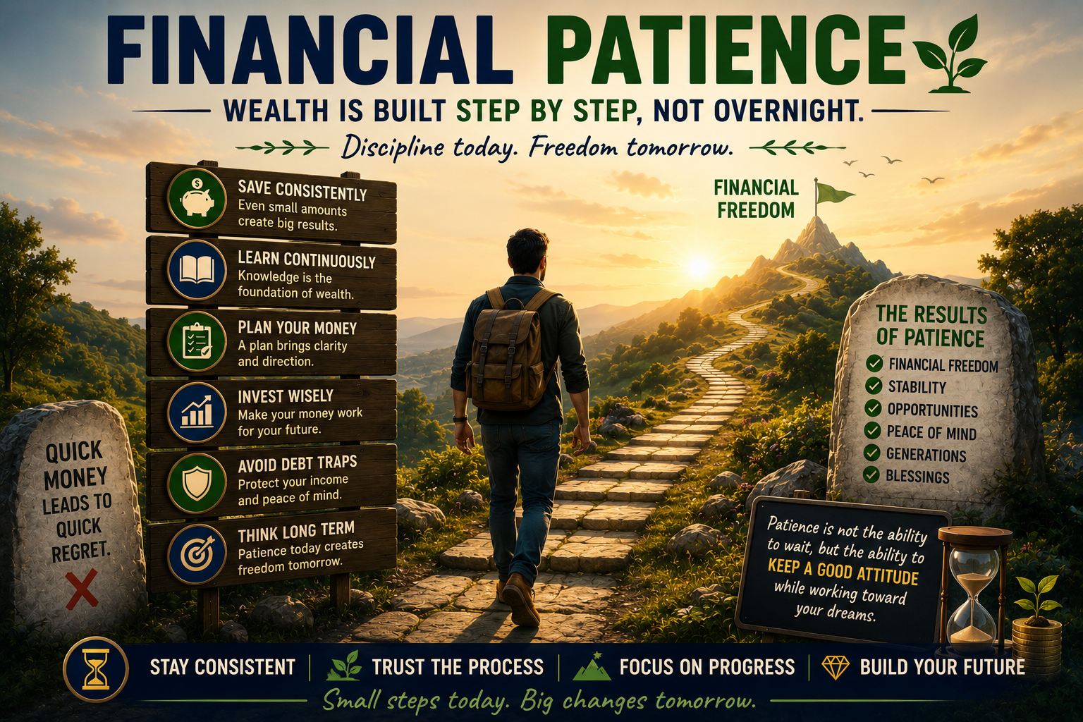 A person walking along a bright path toward a mountain of financial goals, with signs of patience, saving, discipline, wise investing, and long-term vision along the way.