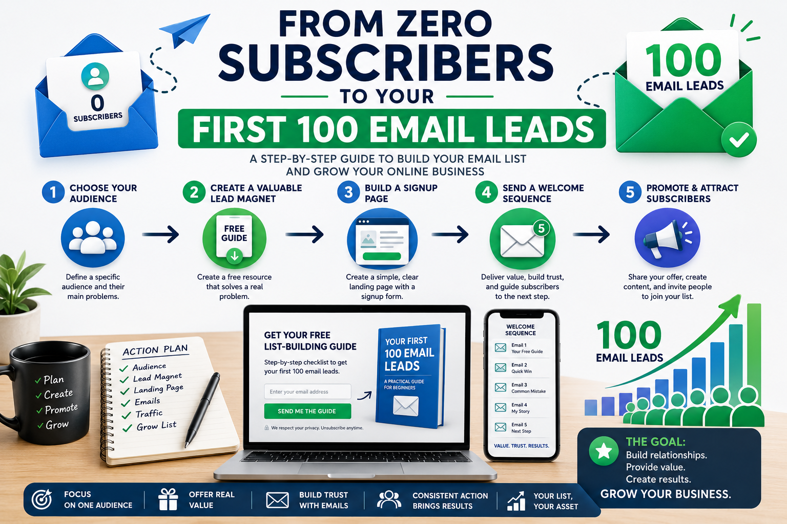 Beginner following a step-by-step guide to build an email list and attract the first 100 email subscribers.