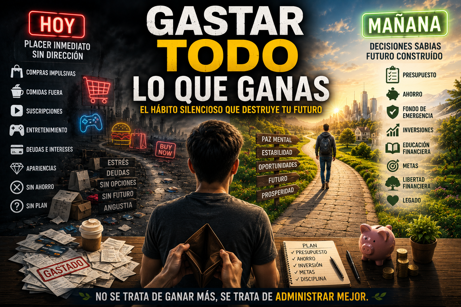 Persona mirando una billetera vacía mientras al fondo aparecen dos caminos: uno de consumo desordenado y otro de ahorro, presupuesto, disciplina y construcción de riqueza.