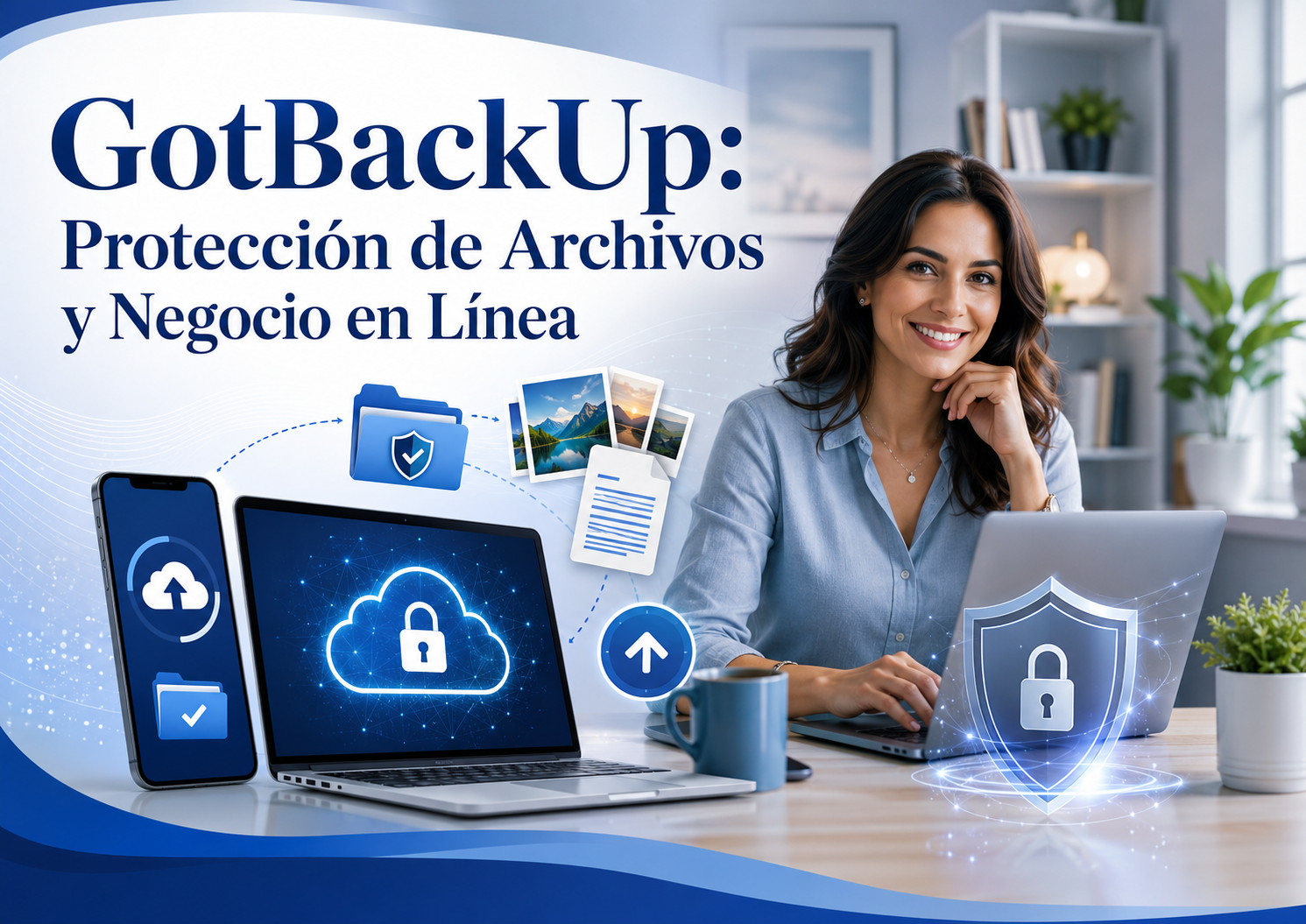 Persona descubriendo el servicio de respaldo digital y la oportunidad de negocio en línea de GotBackUp desde su hogar.