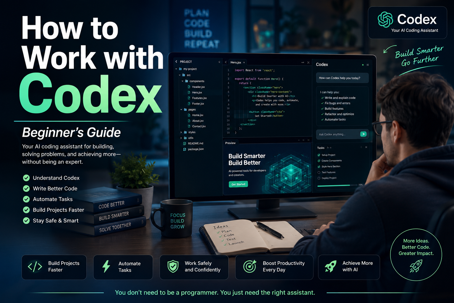 Business professional using Codex artificial intelligence to create, review, and improve a digital project on a computer.