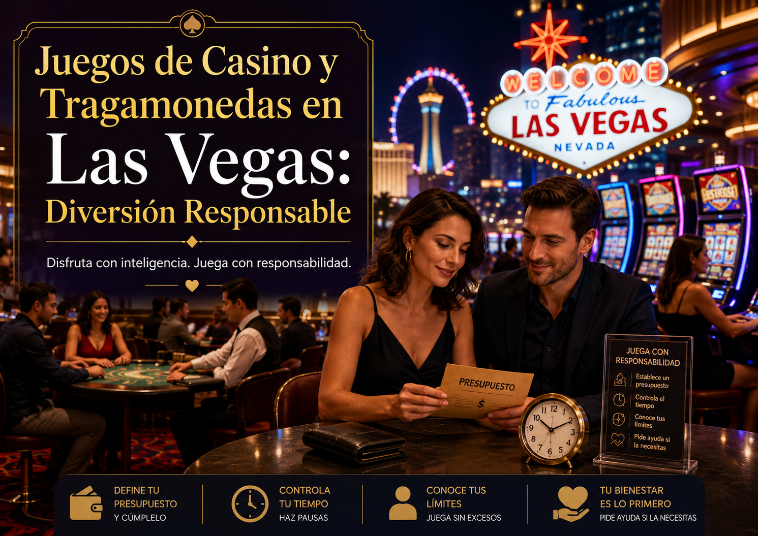 Visitantes adultos disfrutando responsablemente de los juegos de casino y las tragamonedas durante una visita a Las Vegas.