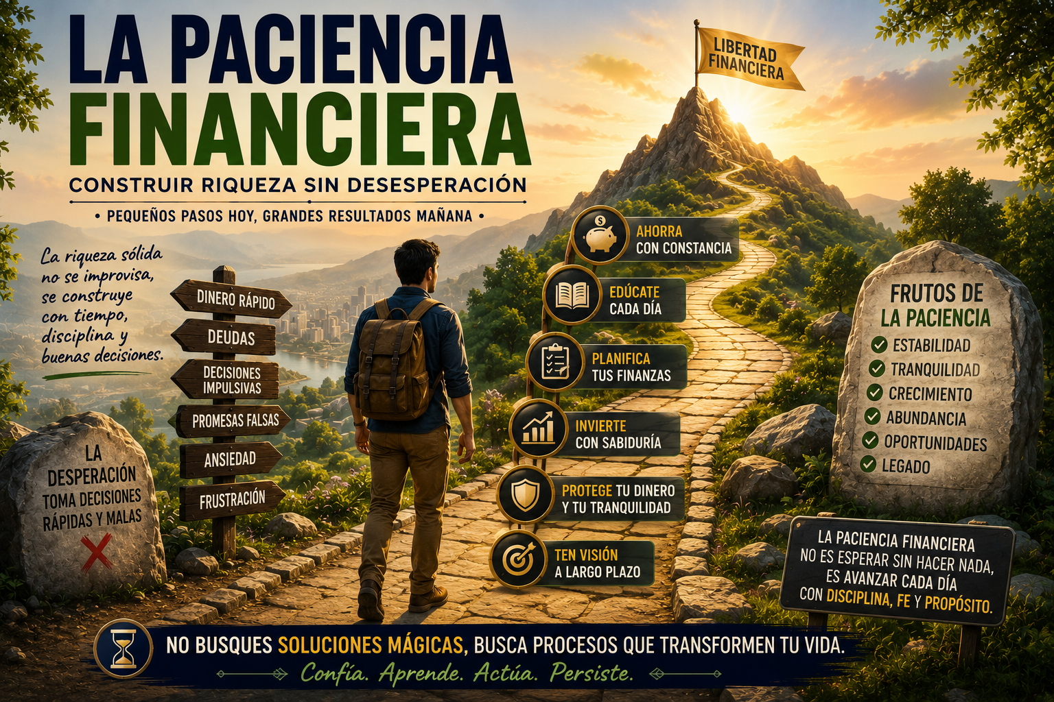 Persona caminando por un camino iluminado hacia una montaña de metas financieras, mientras a un lado aparecen señales de paciencia, ahorro, disciplina, inversión sabia y visión de largo plazo.