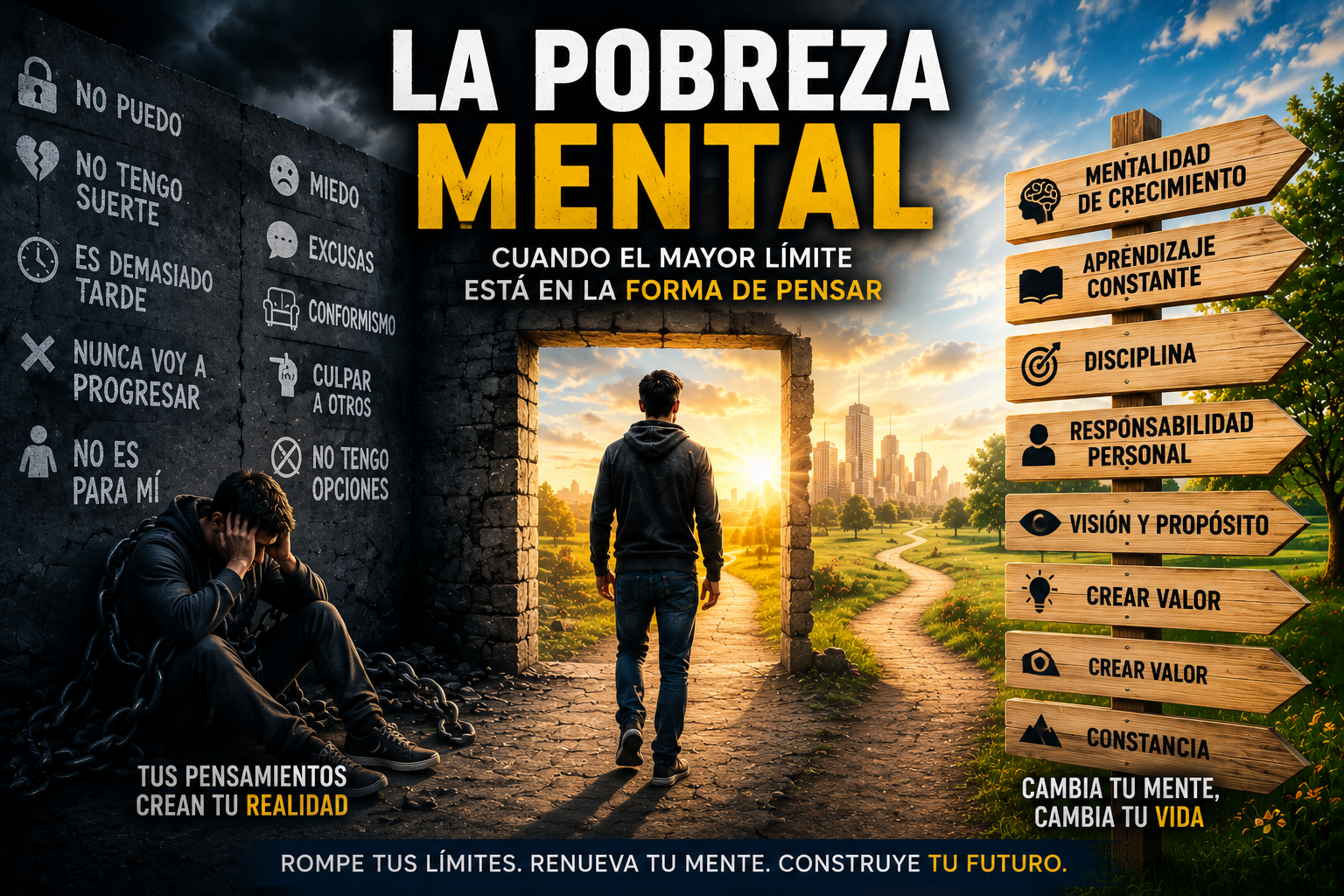 Persona observando un muro oscuro lleno de pensamientos limitantes mientras al otro lado aparece un camino iluminado que representa aprendizaje, disciplina, visión y crecimiento personal.