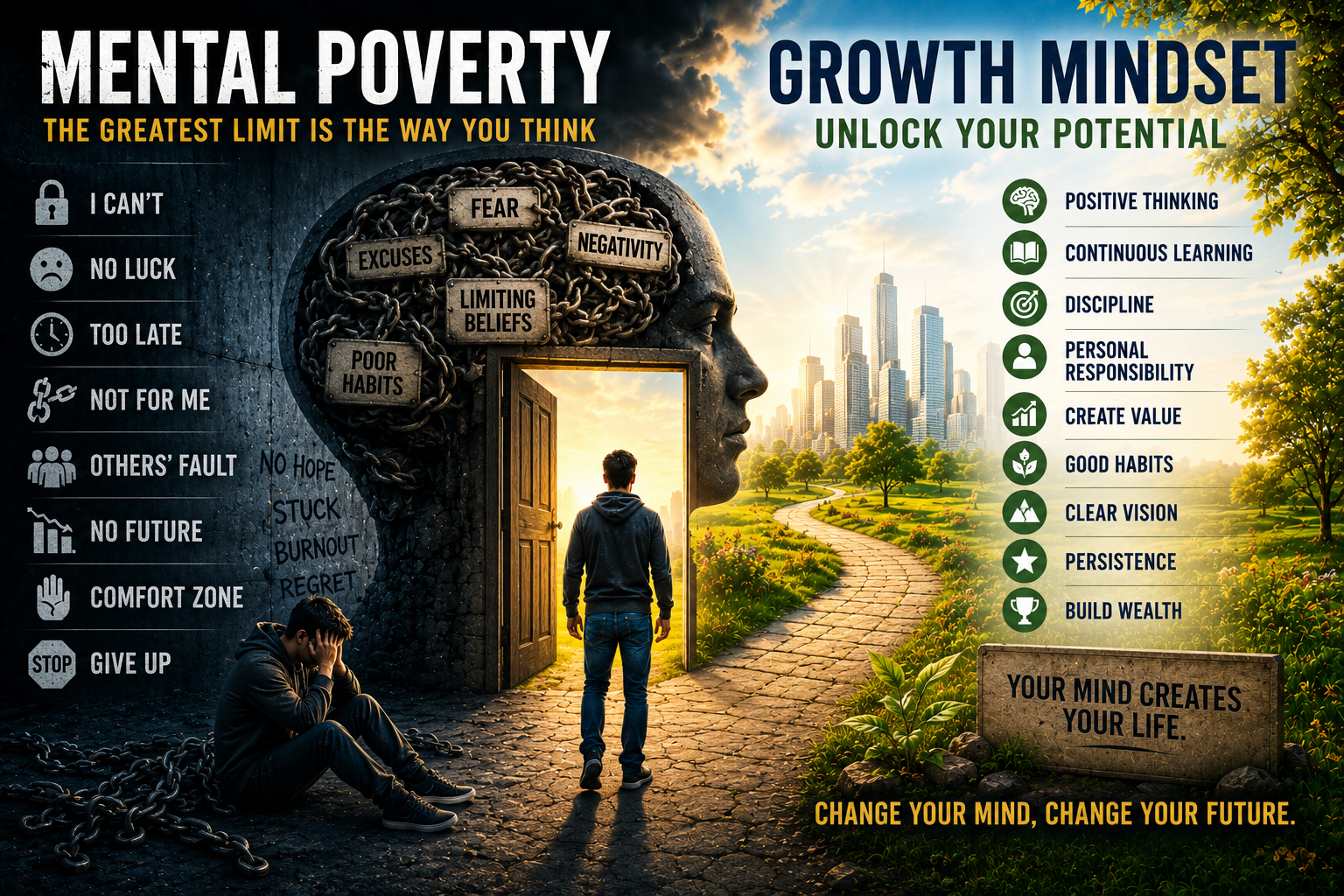 A person looking at a dark wall filled with limiting thoughts while a bright path on the other side represents learning, discipline, vision, and personal growth.