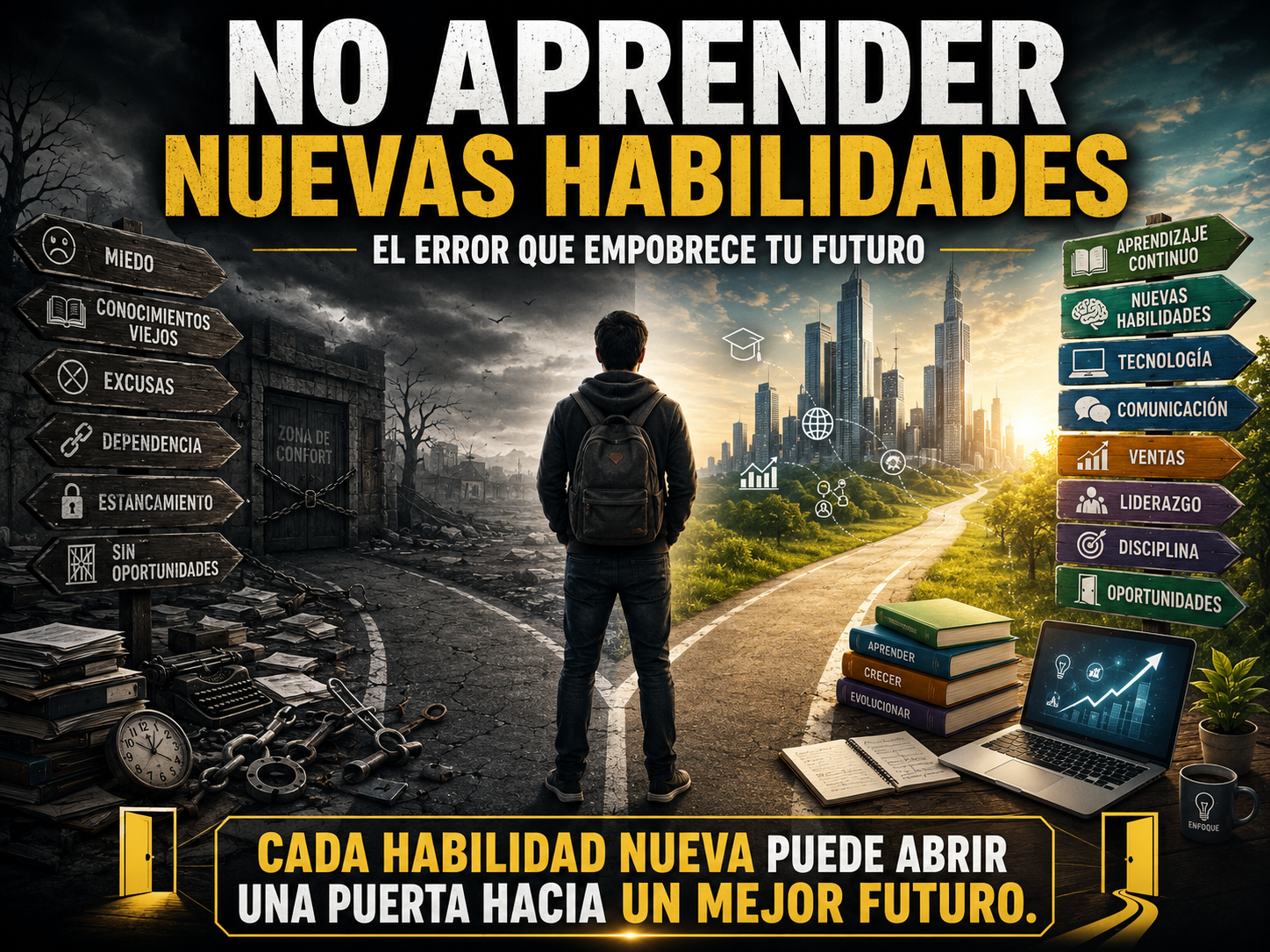 Persona frente a dos caminos: uno oscuro representando estancamiento, miedo y conocimientos viejos, y otro iluminado con libros, tecnología, aprendizaje, habilidades digitales y oportunidades.