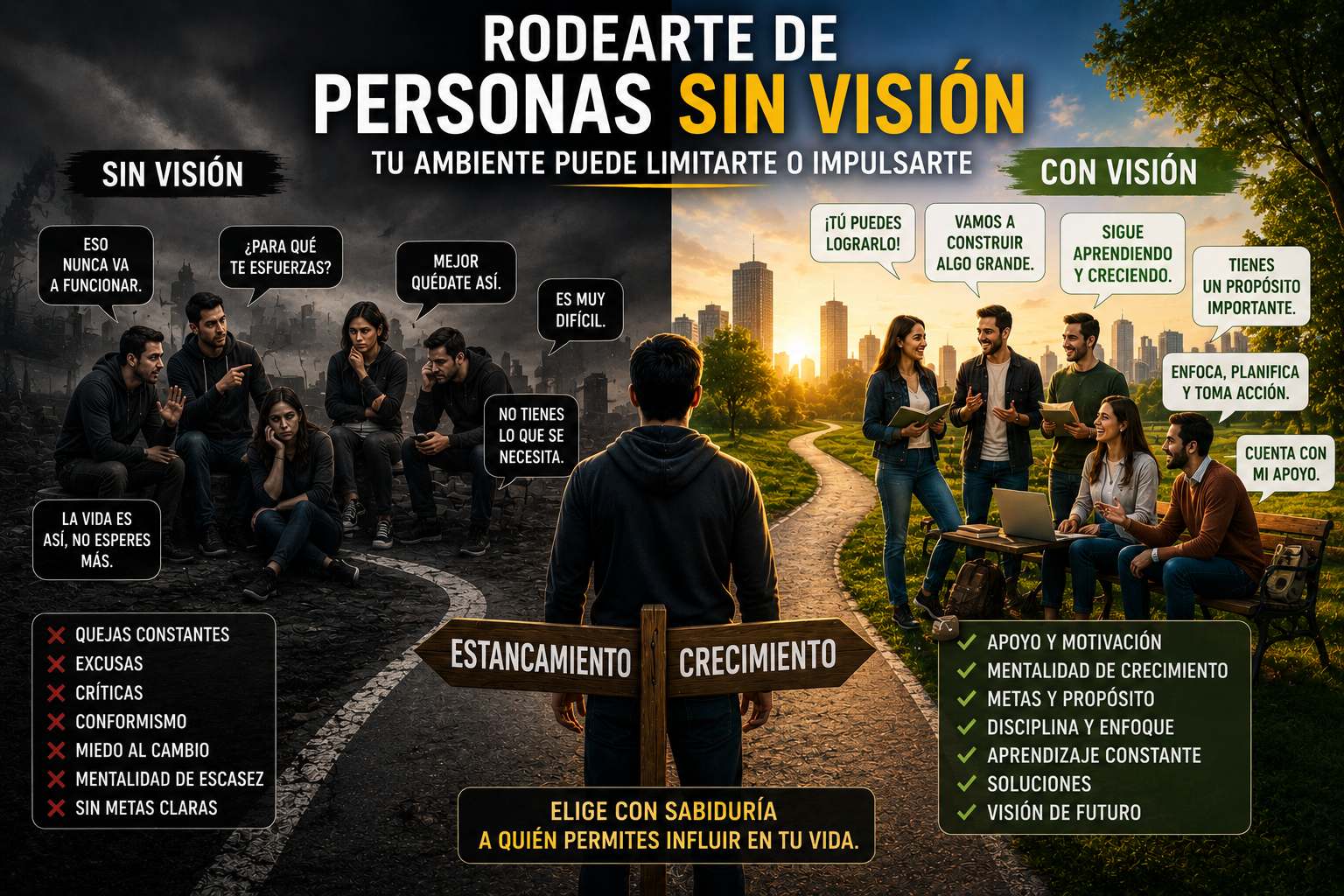Persona caminando entre dos grupos: uno oscuro lleno de quejas, burlas y conformismo, y otro iluminado con personas de visión, aprendizaje, disciplina, apoyo y crecimiento.