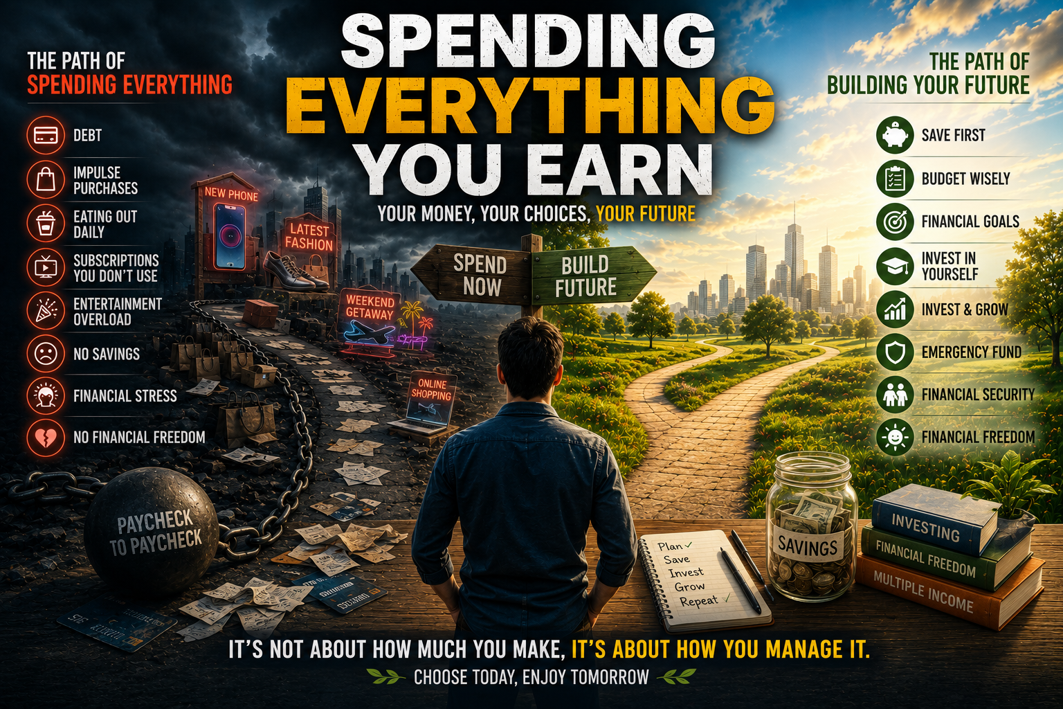 A person looking at an empty wallet while two paths appear in the background: one path of uncontrolled consumption and another path of saving, budgeting, discipline, and wealth-building.