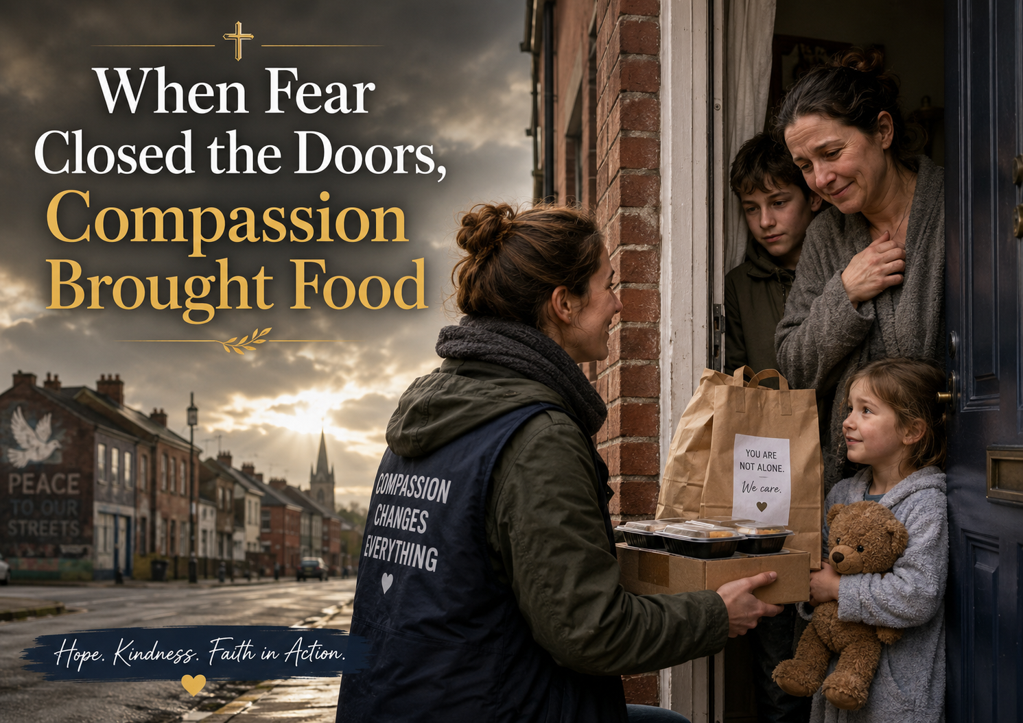Volunteer delivering prepared meals to a frightened family during a community crisis in Belfast, representing compassion, courage, hope, and Christian service.