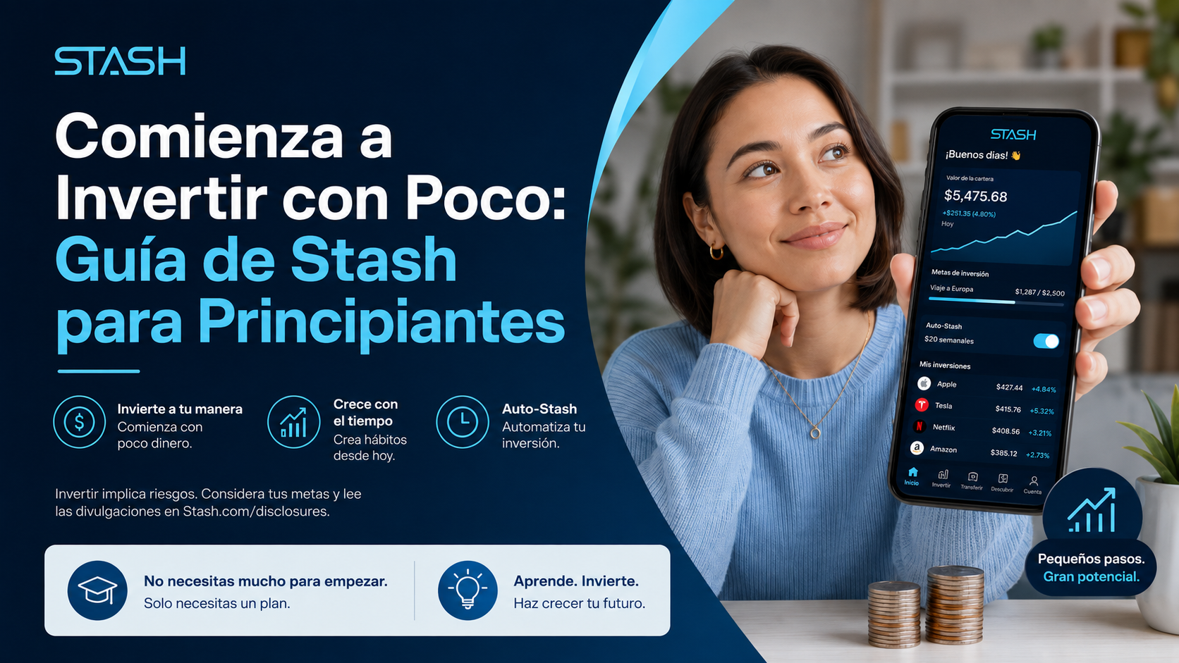Inversionista principiante utilizando una aplicación móvil mientras aprende a comenzar a invertir pequeñas cantidades mediante Stash.