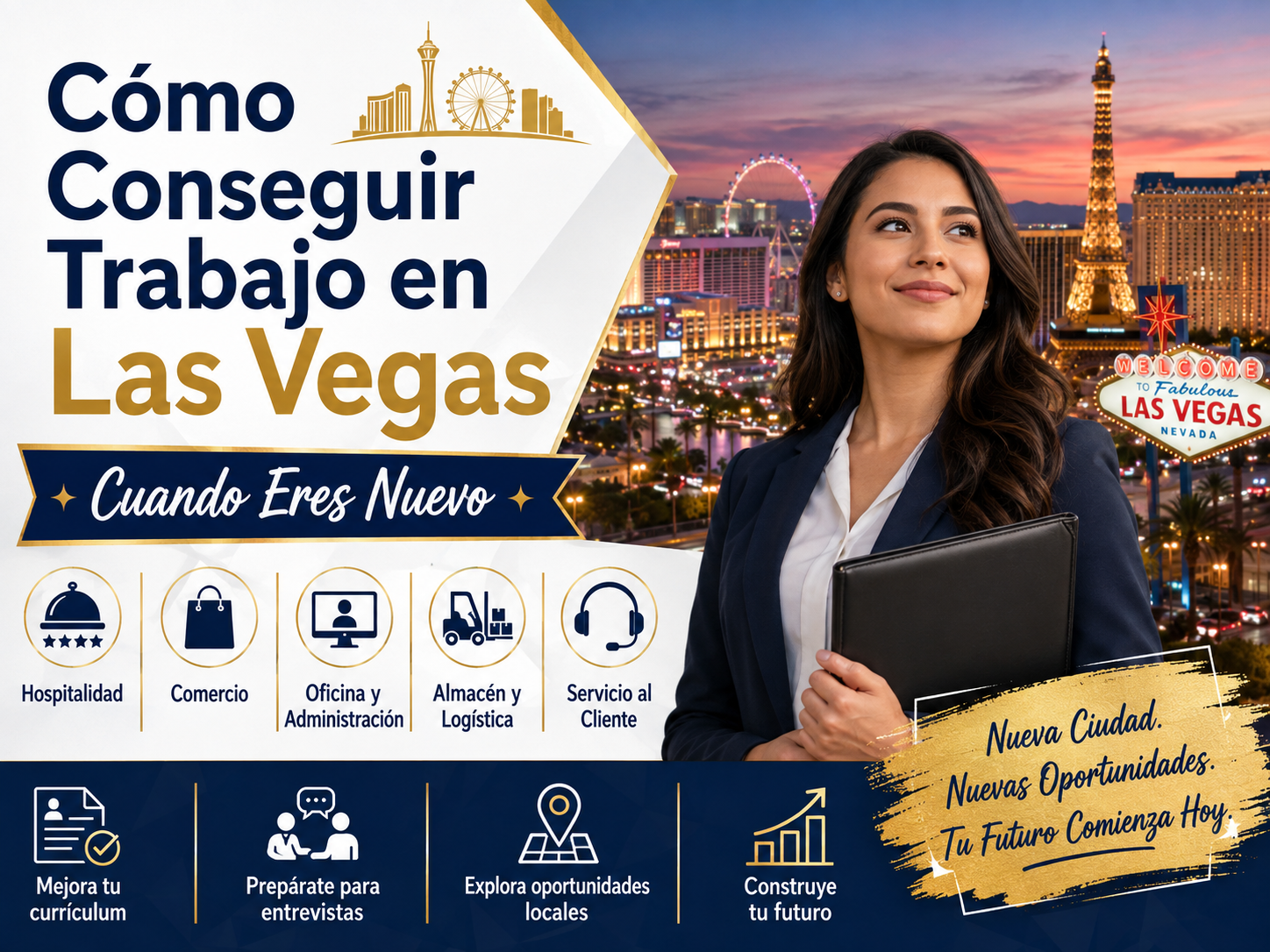 Persona recién llegada buscando oportunidades de trabajo en Las Vegas con currículum y guía de empleo.