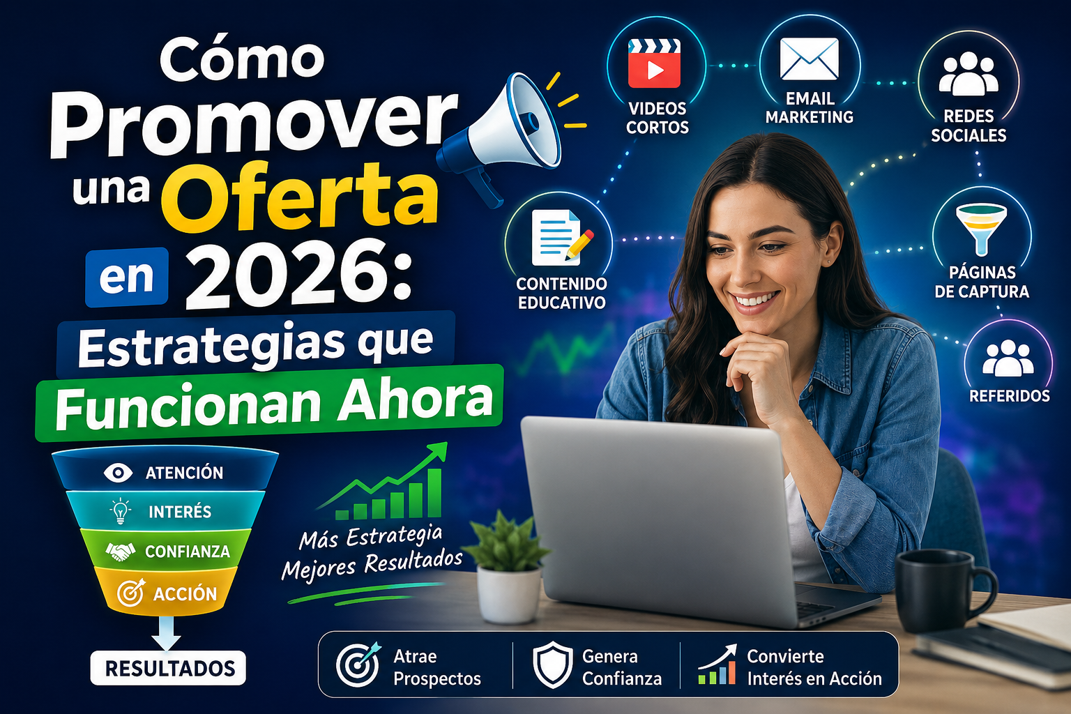 Persona utilizando estrategias de marketing digital para promover una oferta mediante videos, email, contenido educativo, redes sociales y generación de prospectos.